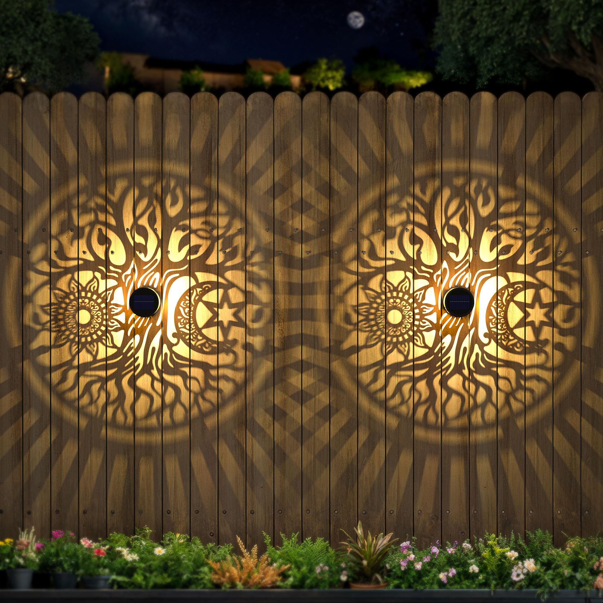 4 Pack Large Solar Fence Lights Metal Solar Powered Outdoor Wall Deck Step Lights Tree Theme Waterproof Fence Light for Garden Post Patio Backyard