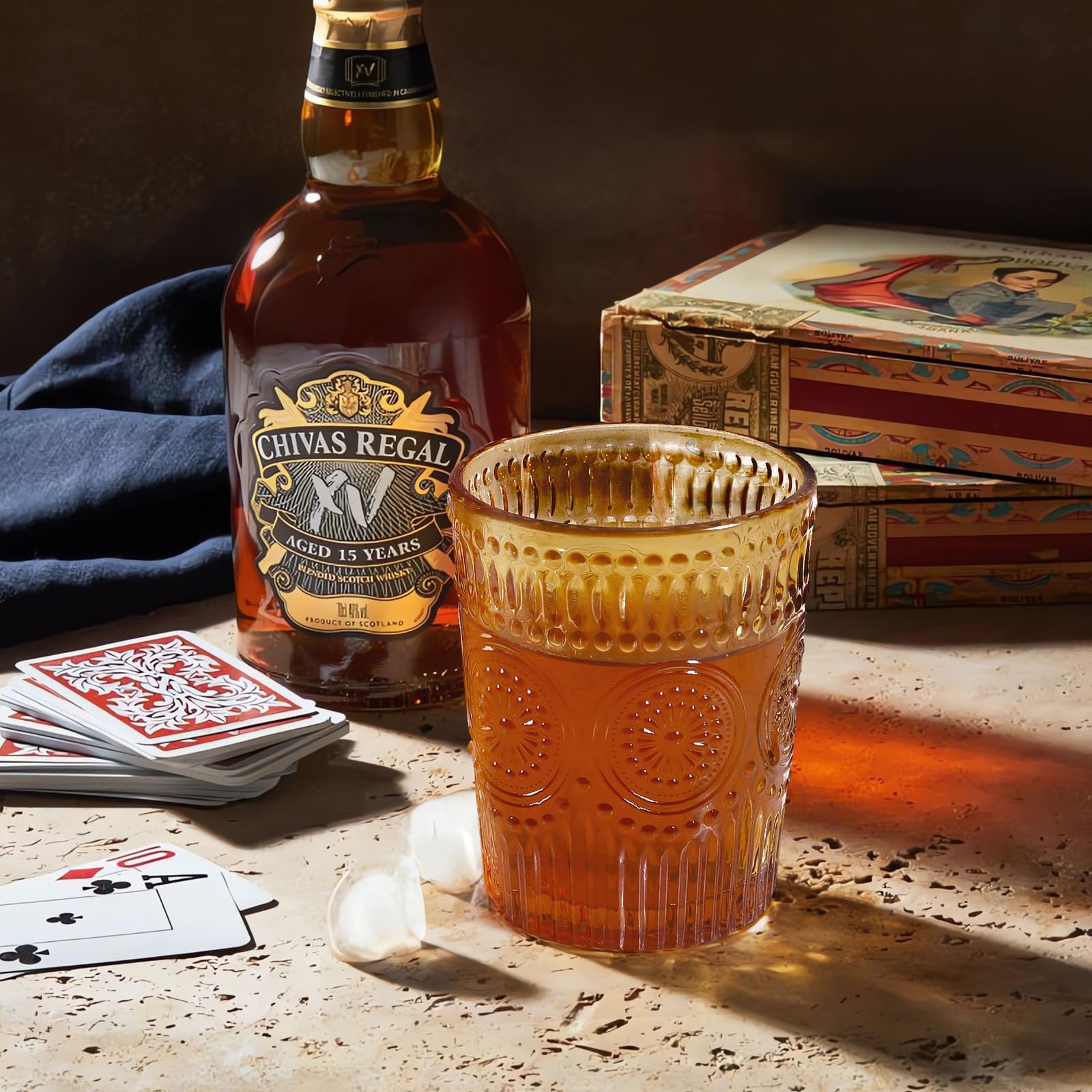 Loivttvv Juego de 12 vasos vintage para beber, vasos altos de 12 onzas y vasos de cristalería acanalados en relieve de 9 onzas para cóctel de Acción de Gracias, jugo, café, whisky (ámbar)