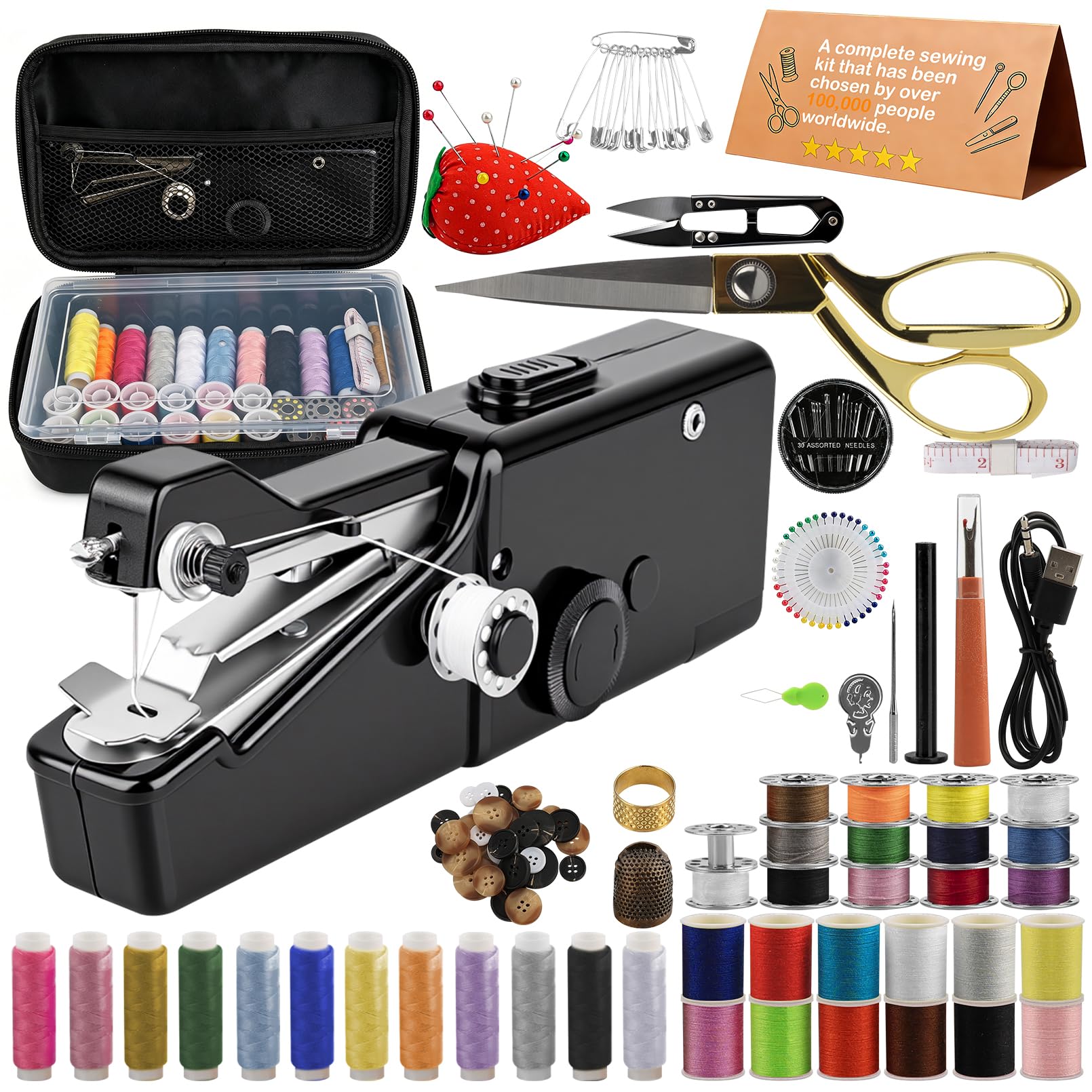 BRICH Portable Handheld Sewing Machine with Black Storage Box 125-Piece Sewing Kit - Compact Cordless Design Ideal for Adults and Beginners - Essential for Quick Home Clothing Repairs and Alterations