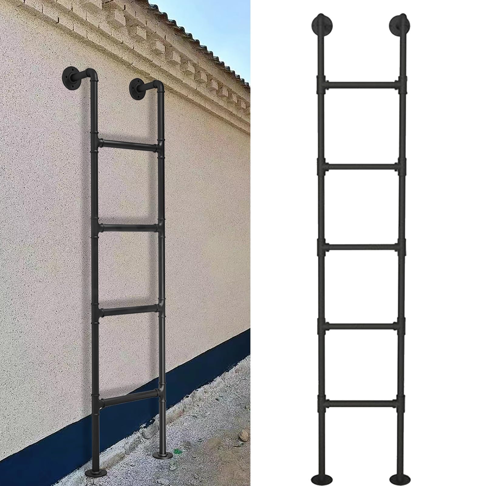 Échelle de secours murale pour puits et sous-sol en tube métallique noir