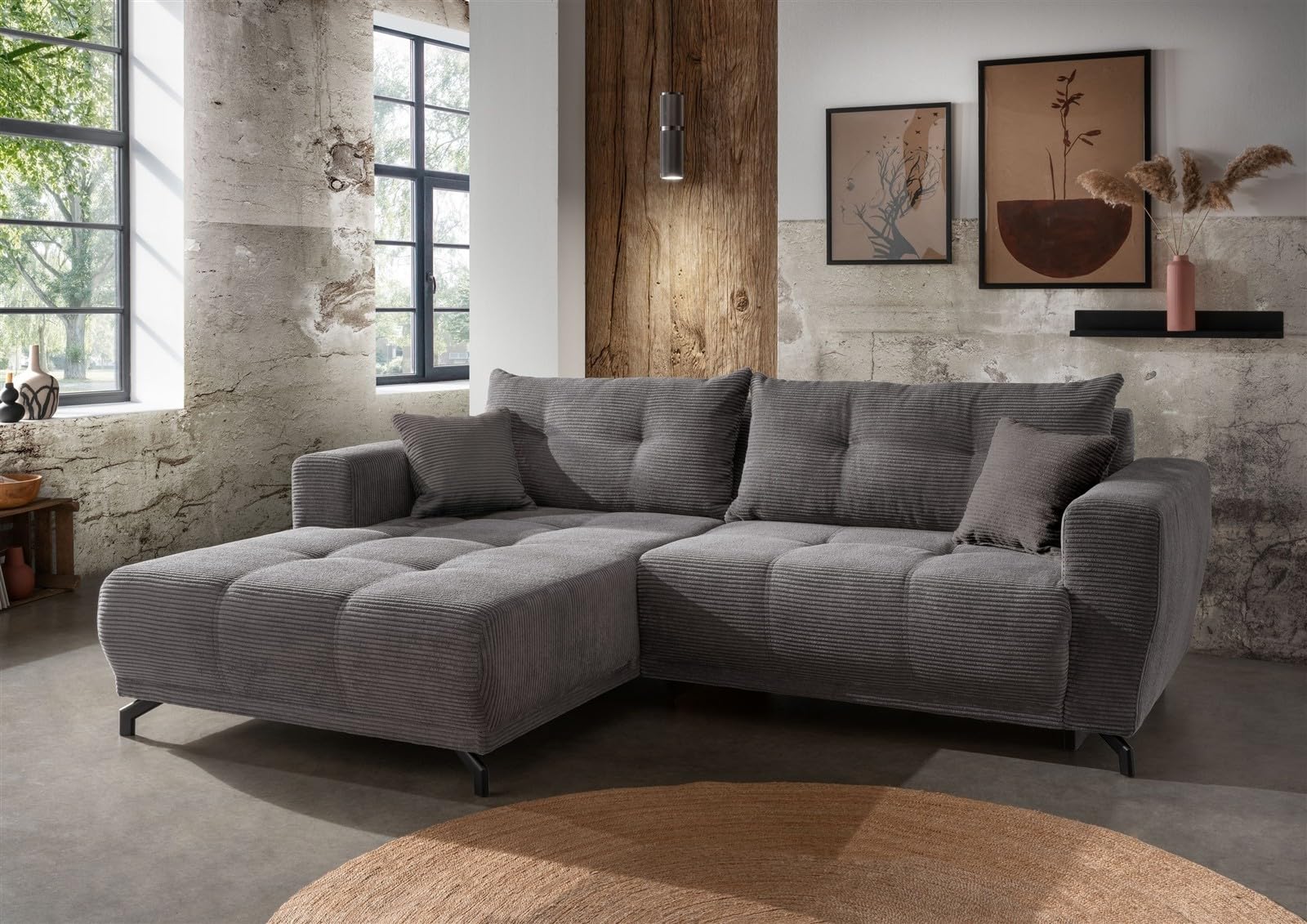 möbelando Polsterecke Renard mit elektrischem Sitzvorschub – Modernes Ecksofa in Cord Grau (177x80x246 cm), verstellbare Liegeposition, strapazierfähiger Mikrofaser-Bezug, inkl. Kissen