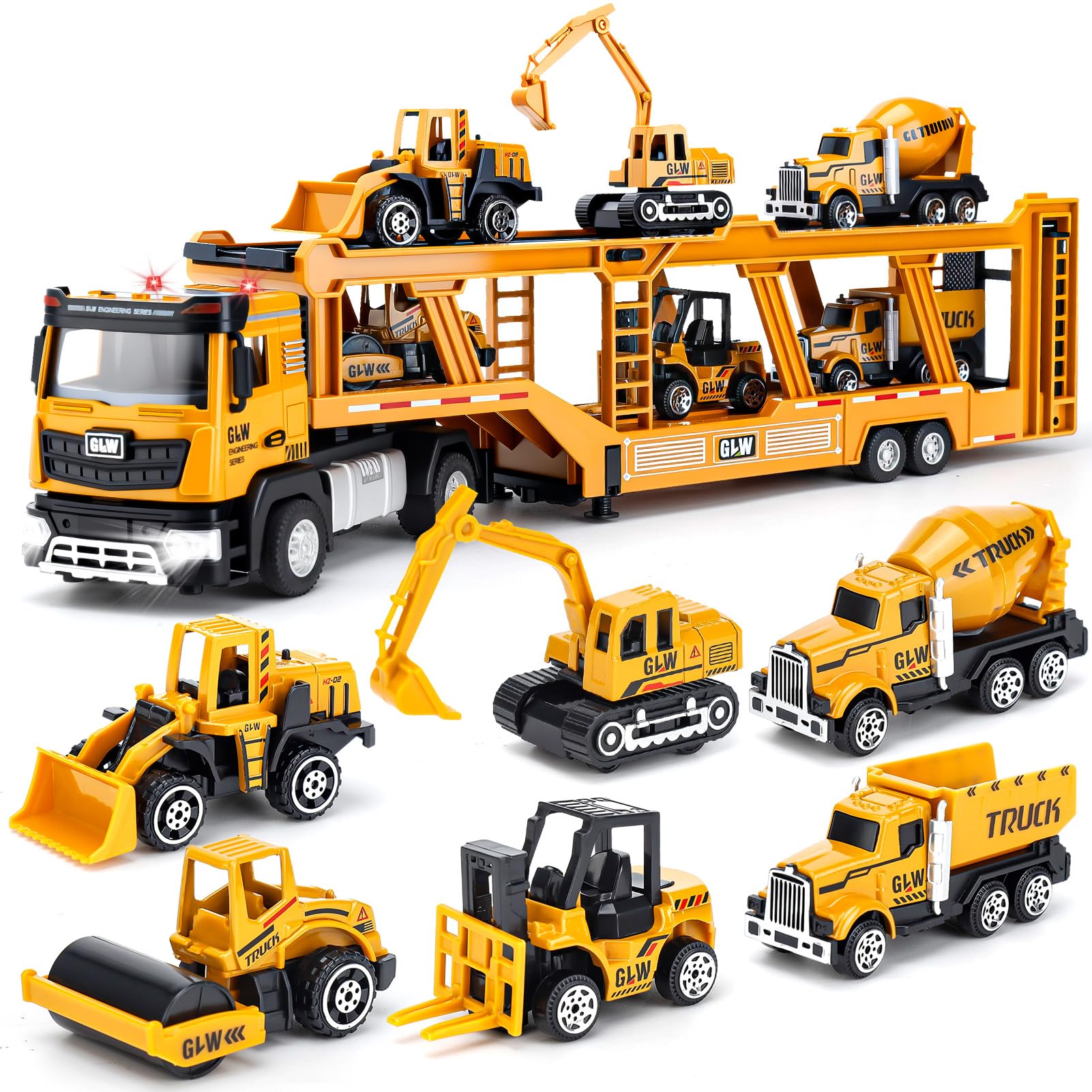 Kinderspielzeug für Jungen ab 3 Jahren: Spielzeug LKW mit Licht & Sound Baufahrzeug-Spielzeugset mit Bagger, Bulldozer, Kipper, Fahrmischer, Straßenwalze, Gabelstapler, Geschenk für Jungen 3-7 Jahre