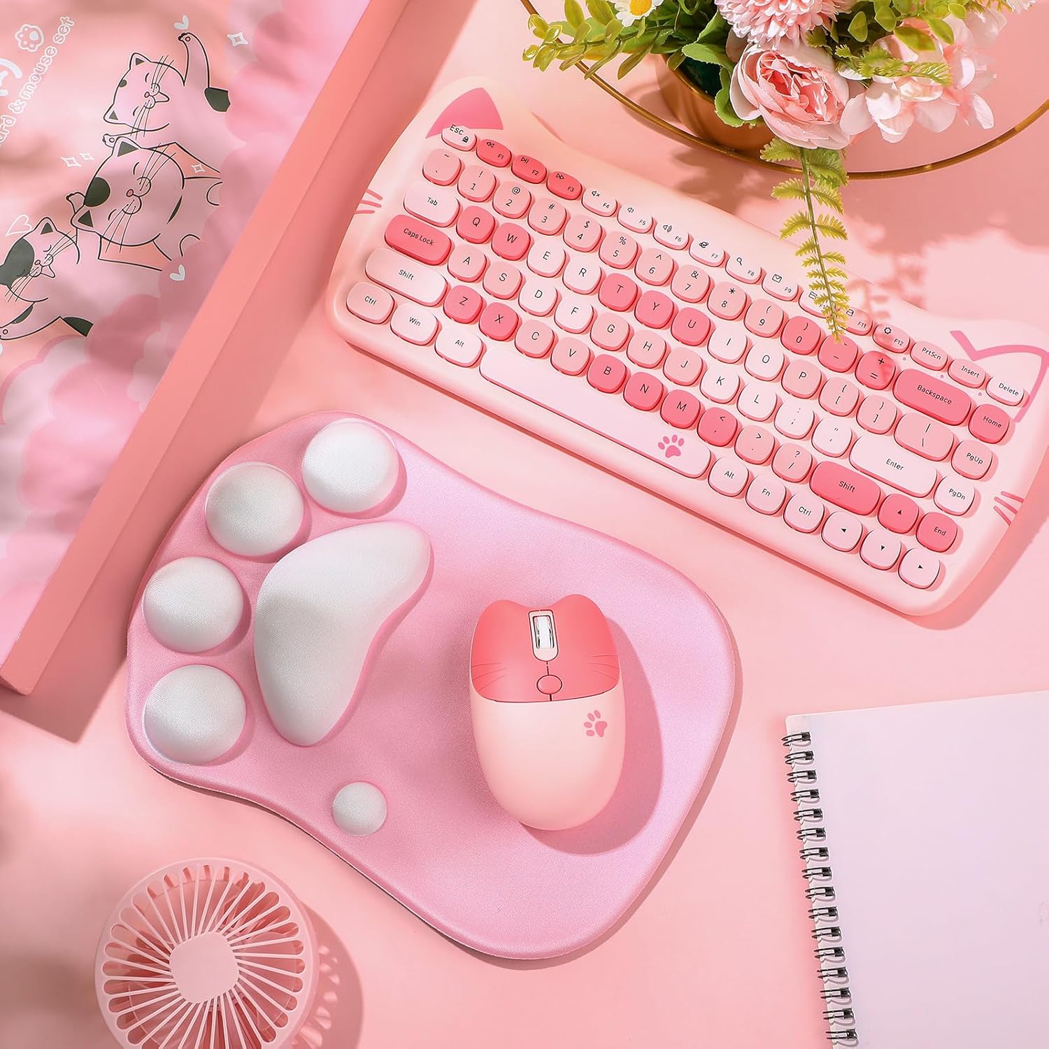 3 Pcs Cute Cat Keyboard and Mouse Combo, USB Wireless with Cat Paw Mouse Pad, Silent 84 Keys 2.4 Ghz Compatible with Notebook PC Graduation Gift for Women
