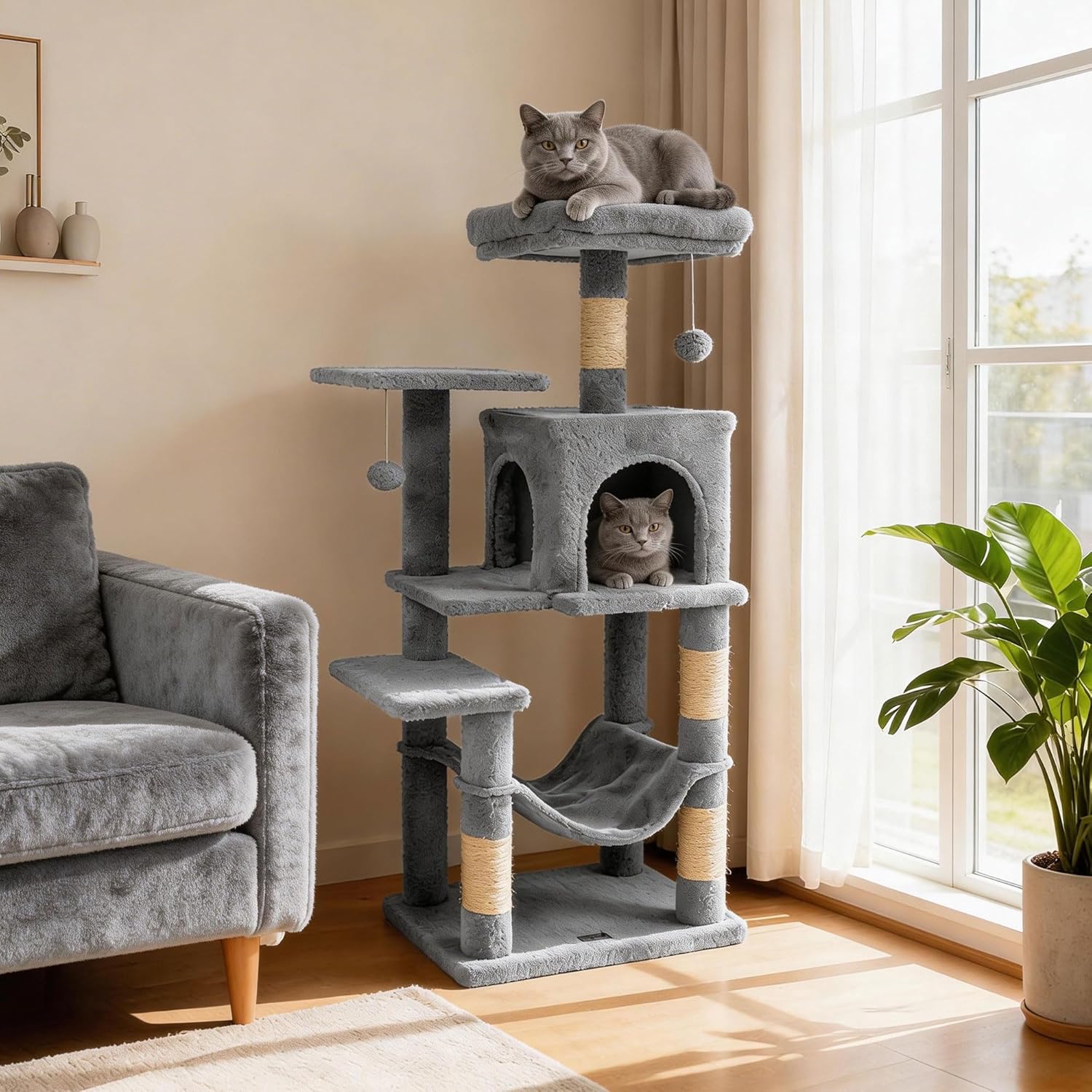 PETSITE Multi-Level Cat Tree, 44 Inches Tall with Sisal Scratching Posts, Double-Entry Condo, Hammock, Dangling Balls, and Cozy Top Perch, Ideal for Indoor Cats to Play and Rest (Grey)