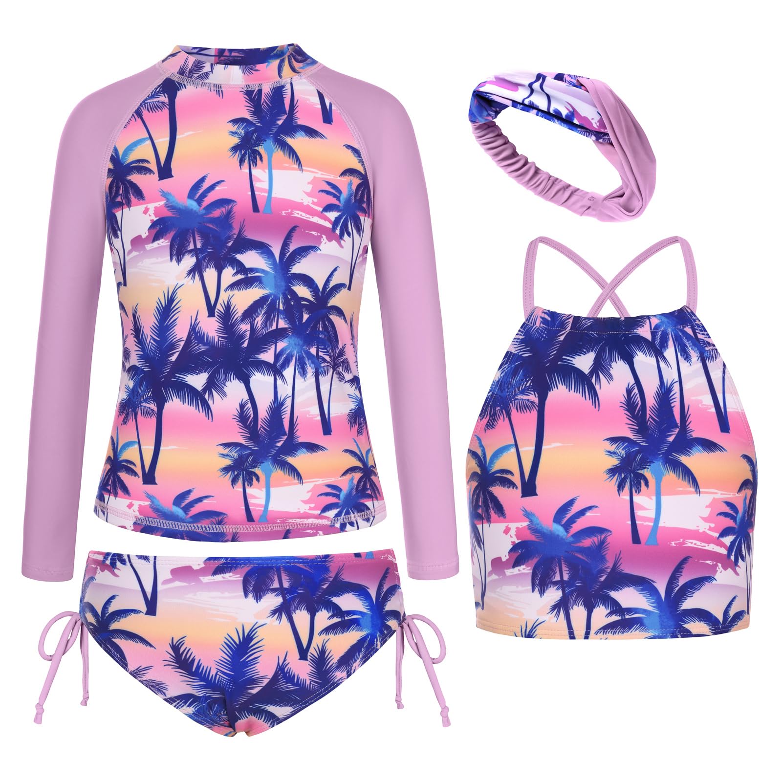 GRACE KARIN Girls Swimsuit Tankini Set Rash Guard Long Sleeve Swimsuit 4 Piece Bathing Suit Swimwear 5-14Y