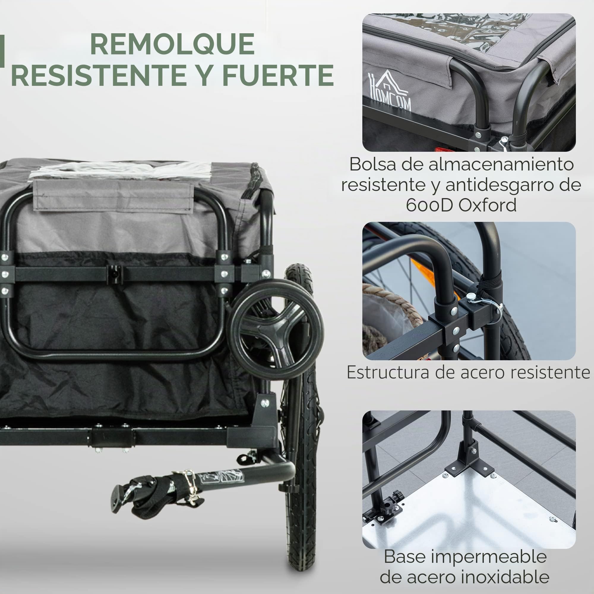 HOMCOM Remolque de bicicleta 2 en 1, remolque de carga, remolque para bicicletas con neumáticos de 20 pulgadas, capacidad de carga de 40 kg, acero, tela Oxford, negro+gris, 130 x 64 x 64/103 cm