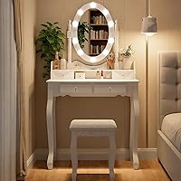 Vista 8 de Whalefall Juego de tocador de maquillaje para niñas con espejo y taburete, pequeña mesa blanca con silla y espejo (tocador blanco)