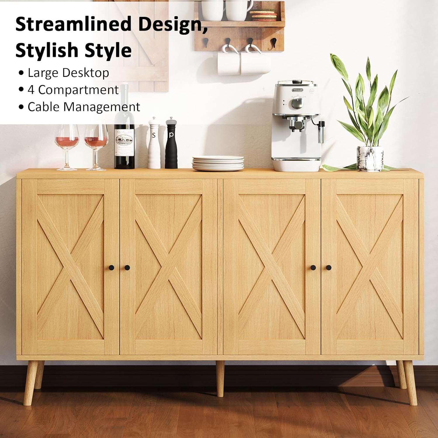 Farmhouse Sideboard Buffet Cabinet - Large Kitchen Storage with 4 Doors, Modern Wood Coffee Bar Cabinet for Living Room & Dining Room