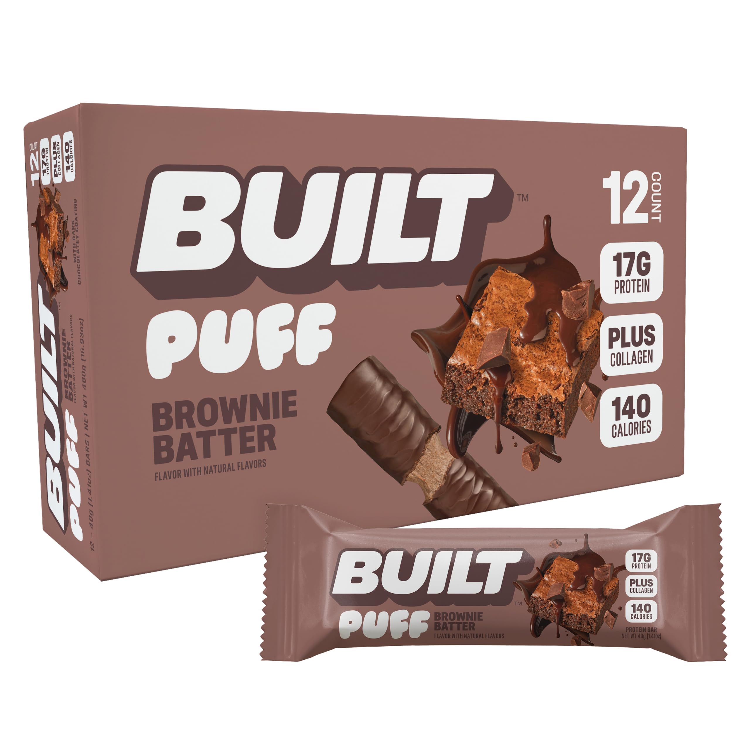 Built BarPuff Protein Bars, Brownie Batter Puff, 17g Protein Snacks, On-The-Go Bars, Only 140 Calories, 6g Sugar, Collagen, Gluten Free, 12 Count