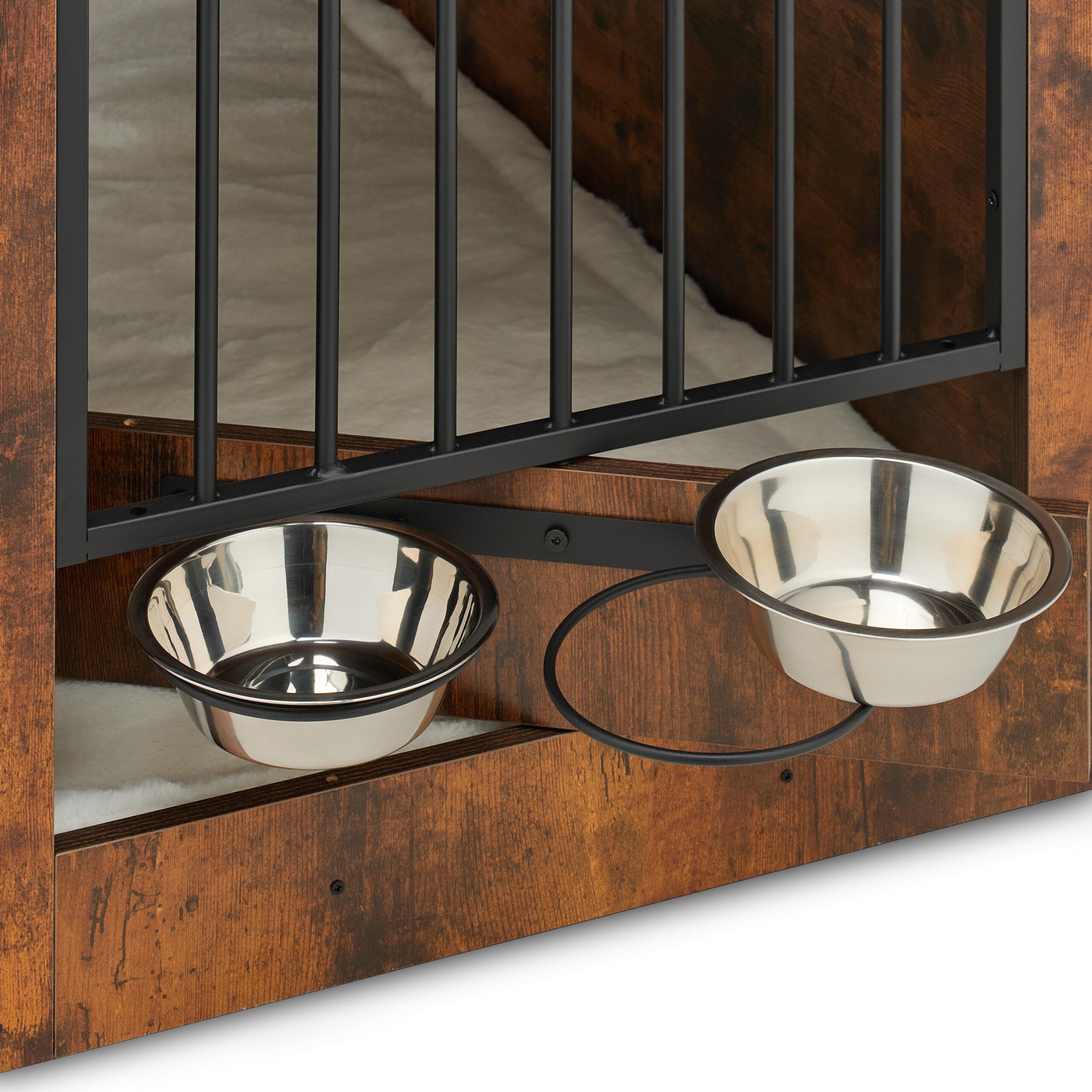 Relaxdays Box pour Chien en MDF et métal, Meuble Industriel Marron, H x L x P : 65,5 x 102 x 60 cm, 2 gamelles
