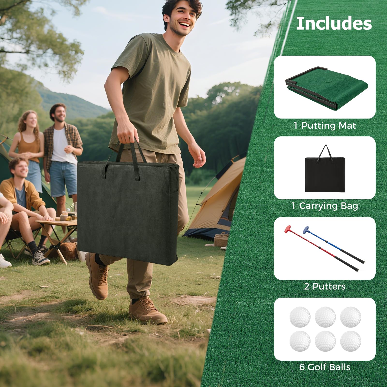 LIFEZEAL Tapis de Putting Golf Portable, Set Jeu Pong avec 2 Putters Réglables, 6 Balles et Sac de Transport, Tapis Entraînement Golf Professionnel pour Intérieur et Extérieur, Bureau, Jardin, Famille
