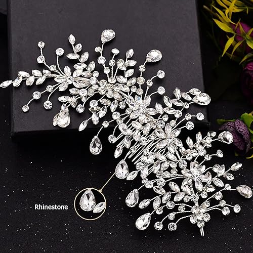 Miniatura 8 de ULAPAN Peine de pelo con diamantes de imitación plateados para damas, accesorio para el cabello para novia, boda, baile, ocasiones especiales