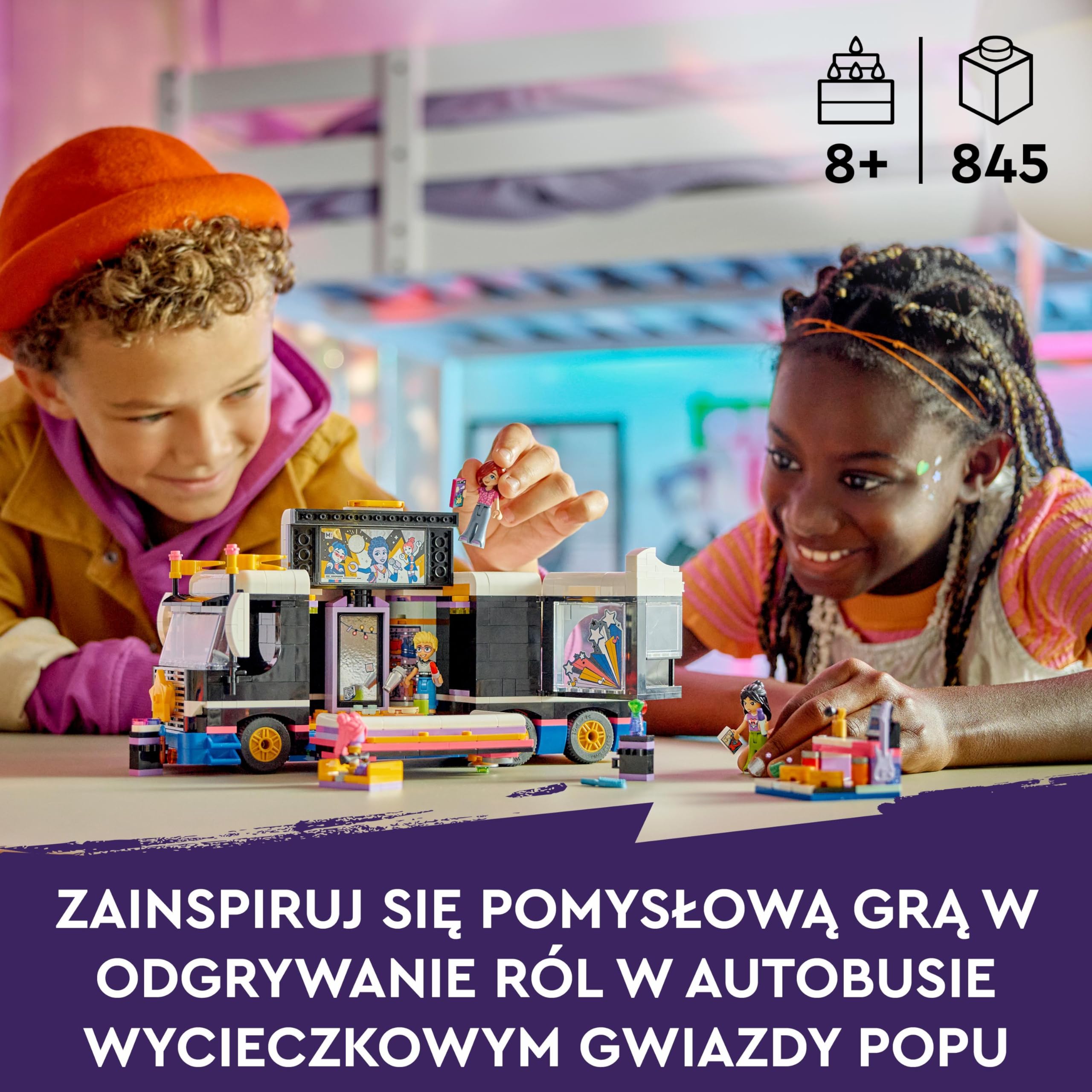 LEGO Friends Autobus koncertowy gwiazdy popu, Zestaw Zabawek Muzycznych do Zbudowania dla 8-latki, z Pojazdem i 4 Minilaleczkami, Pomysł na Prezent dla Dzieci, dla Dziewczynek i Chłopców, 42619
