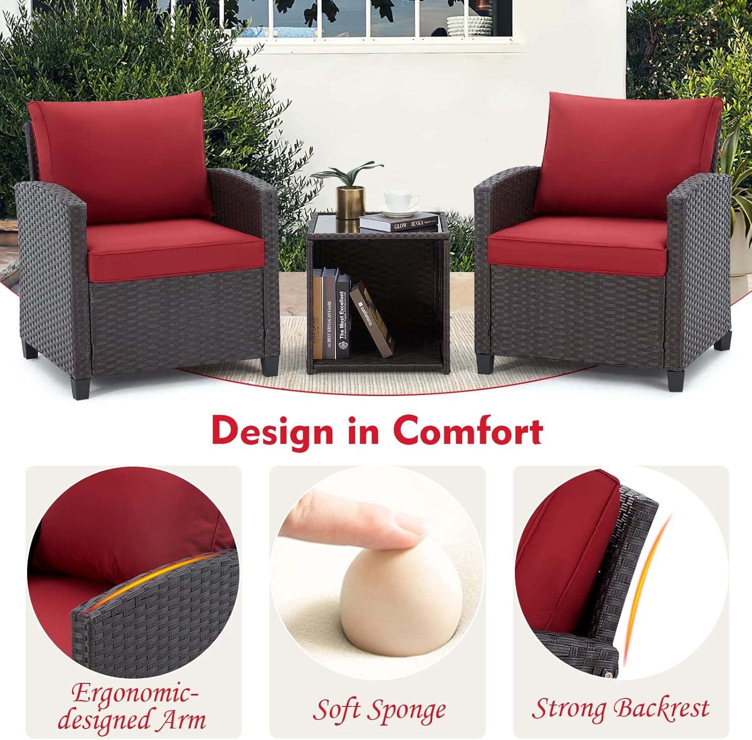 UPHYB 3 Pieces Rattan Patio Conversation Set, PE Wicker Outdoor Sofa Furniture with Cushions and Glass Tabletop, Wicker Conversation Set for Porch Deck, Garden, Poolside and Balcony : Patio, Lawn & Garden