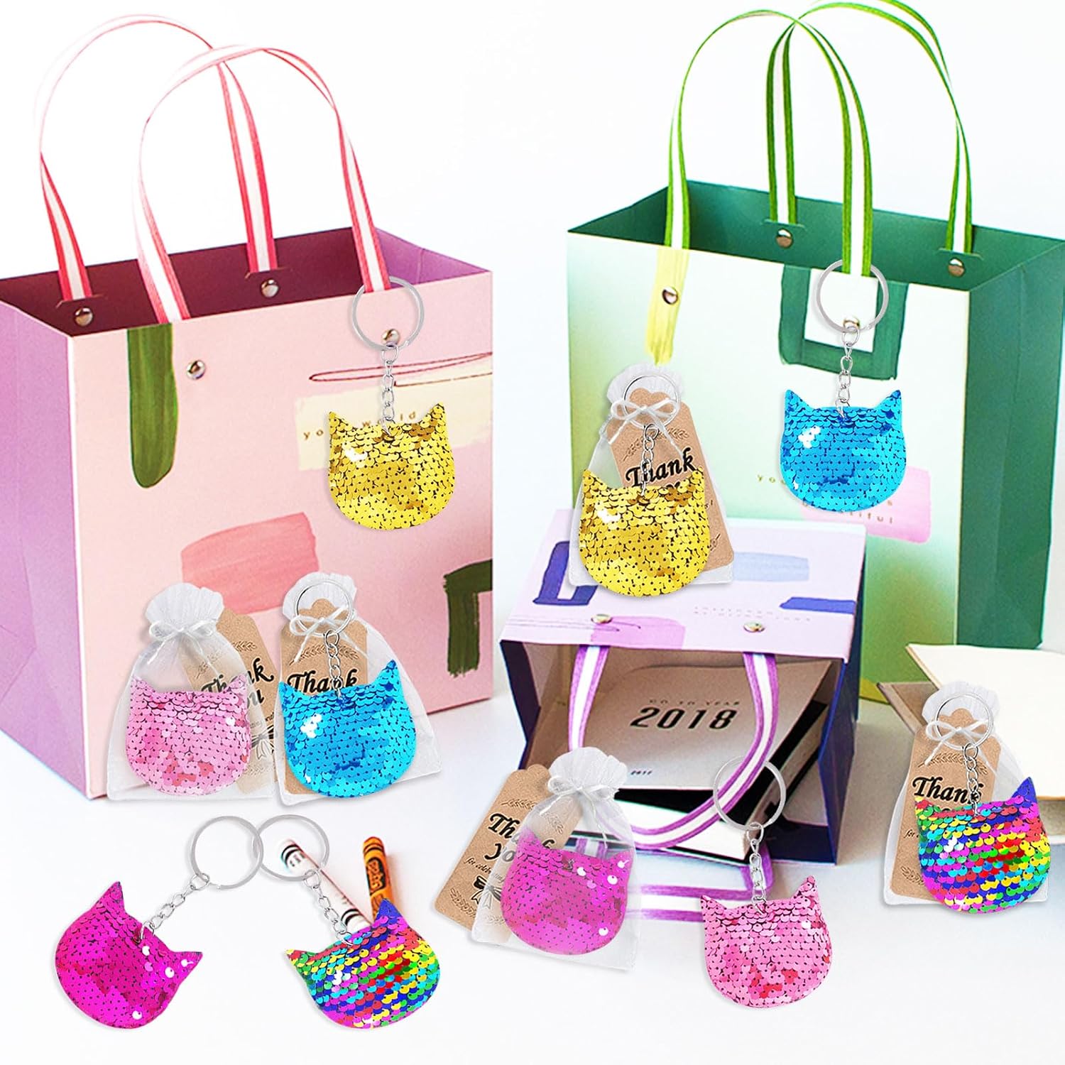 CiciBear 25 Pack Cat Double-Deck Flip Sequin Keychains for Meow Themed Party Favors, Birthday,Carnival,Goodie Bag Stuffers, Anniversary,5 Colors