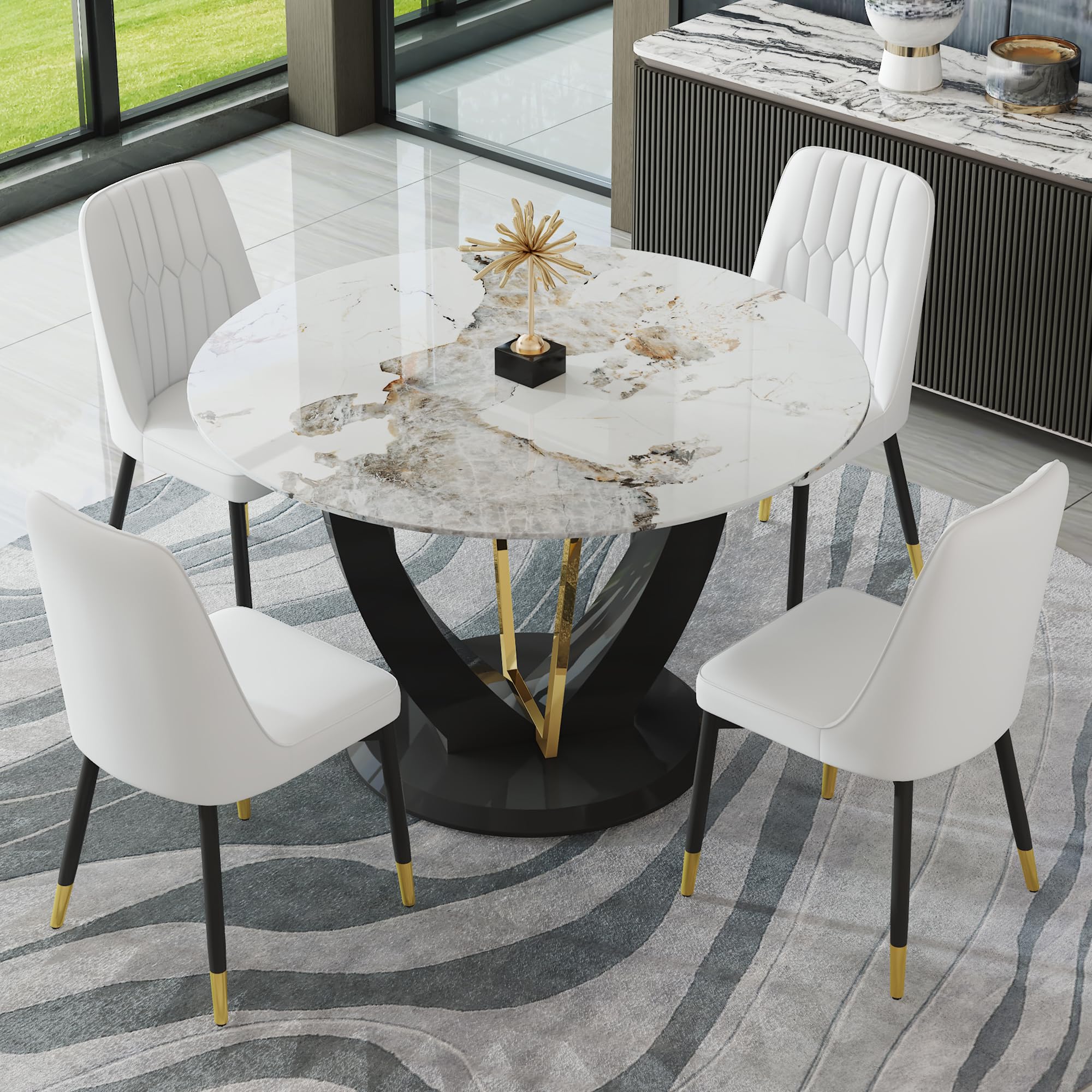 (item similar)JUFU Round Dining Table Set for 4, 48" Dining Room Table with Faux Marble Tabletop and 4 Upholstered Chairs,Modern Round Kitchen Table Chairs Set for Dinning Room, Living Room, Cafe, Restaurant