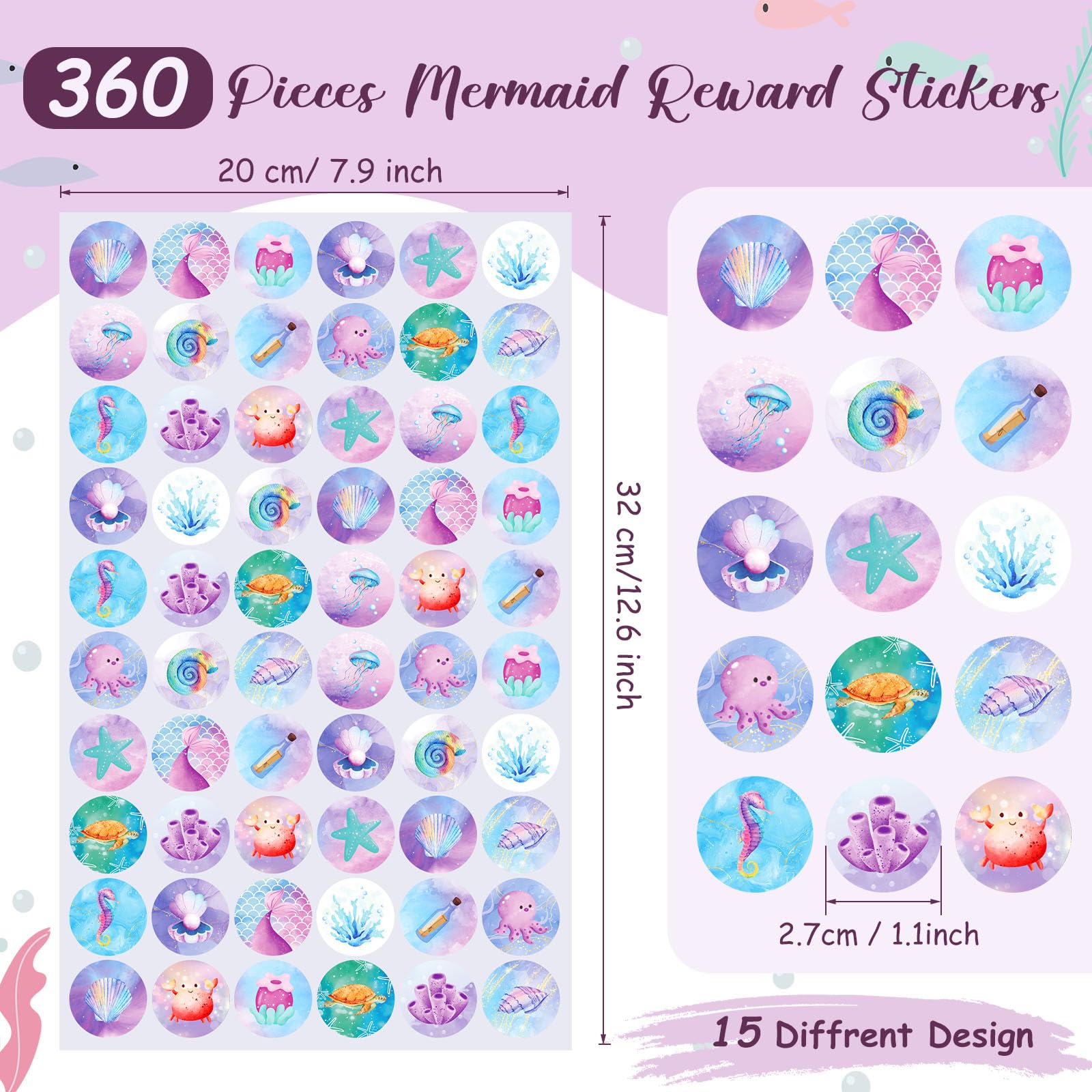 Tenare 12 Pieces Reward Chart with Stickers 6 Pieces Behaviour Charts, 6 Sheets/ 360 Pcs Reward Chart Reusable Stickers for Girl Boy Children Behavior Training Develop Habit(Purple,Mermaid) - Image 3