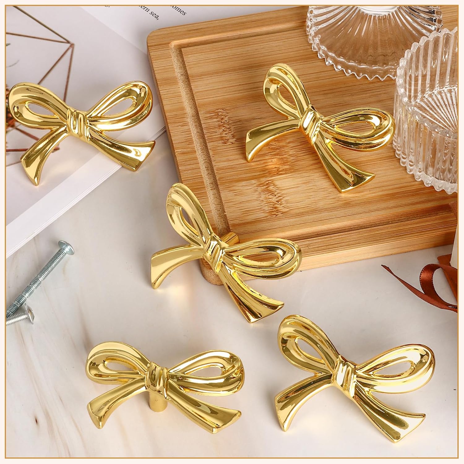Draupnir 10Pcs Large Gold Bow Knobs for Dresser Bow Shape Cabinets Knobs, Metal Brass Bows Hardware Decorative Drawer Handles for Desk, Wardrobe, TV Cabinet & Bookcase(2.76" x 1.97")