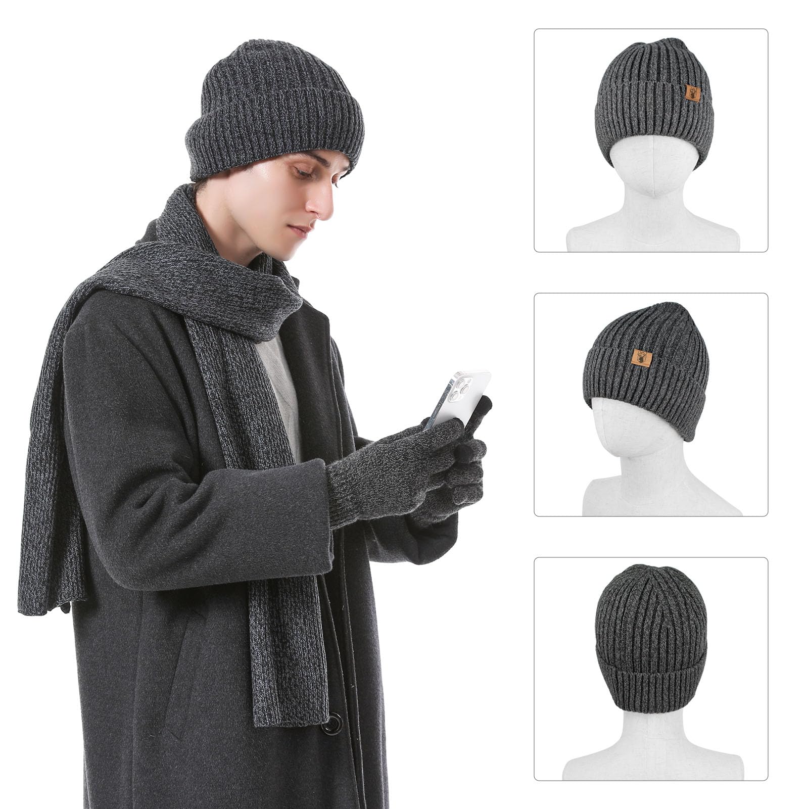 Mütze Schal und Touchscreen Handschuhe Set Wintermütze Thermohandschuhe Schal für Herren Strickmütze 3 STÜCKE Unisex Hüte für Damen Winter Accessoires für Herren Damen