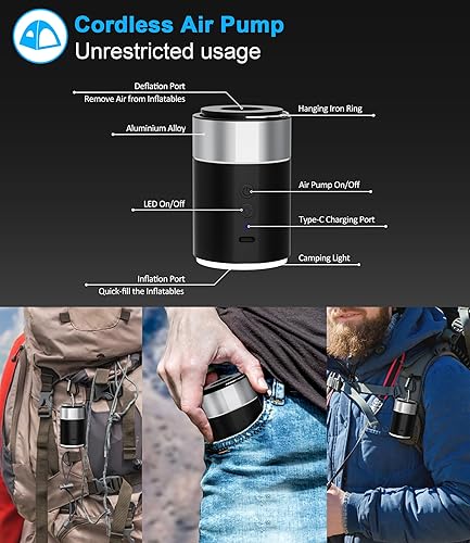 Miniatura 4 de LIBERRWAY Bomba de aire eléctrica para inflables, bomba pequeña recargable, bomba de aire portátil inalámbrica con linterna de campamento, bomba de