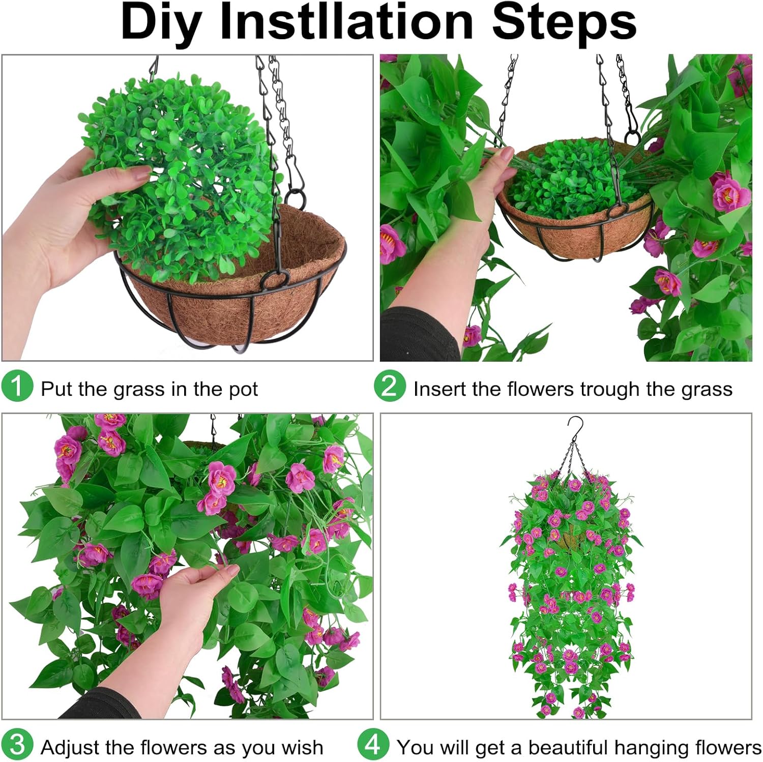 Artificial Fake Hanging Plants Flowers Basket for Outdoor Spring Summer Decorarion, UV Resistant Faux Plastic Fabric Silk Flowers Rose for Indoor Outside Garden Porch Patio Balcony Decor (Purple) - Image 6