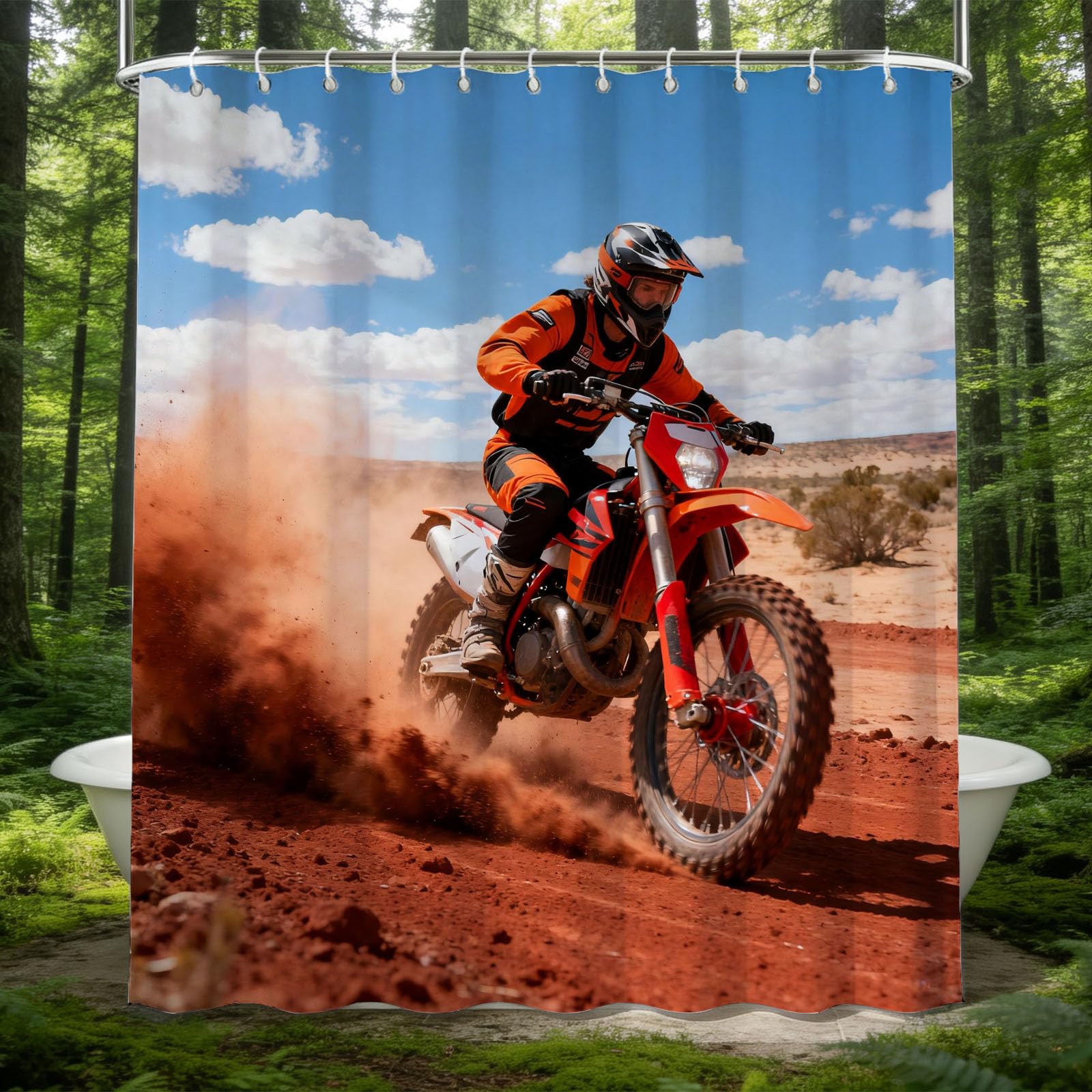 Hongduo 3D Dirt Bike Motorcycle Shower Curtain for Stalls Bathtubs Aldult Bathroom Decor Shower Curtain Set Polyester Fabric Waterproof 180x180cm/71X71 Inch with Hooks