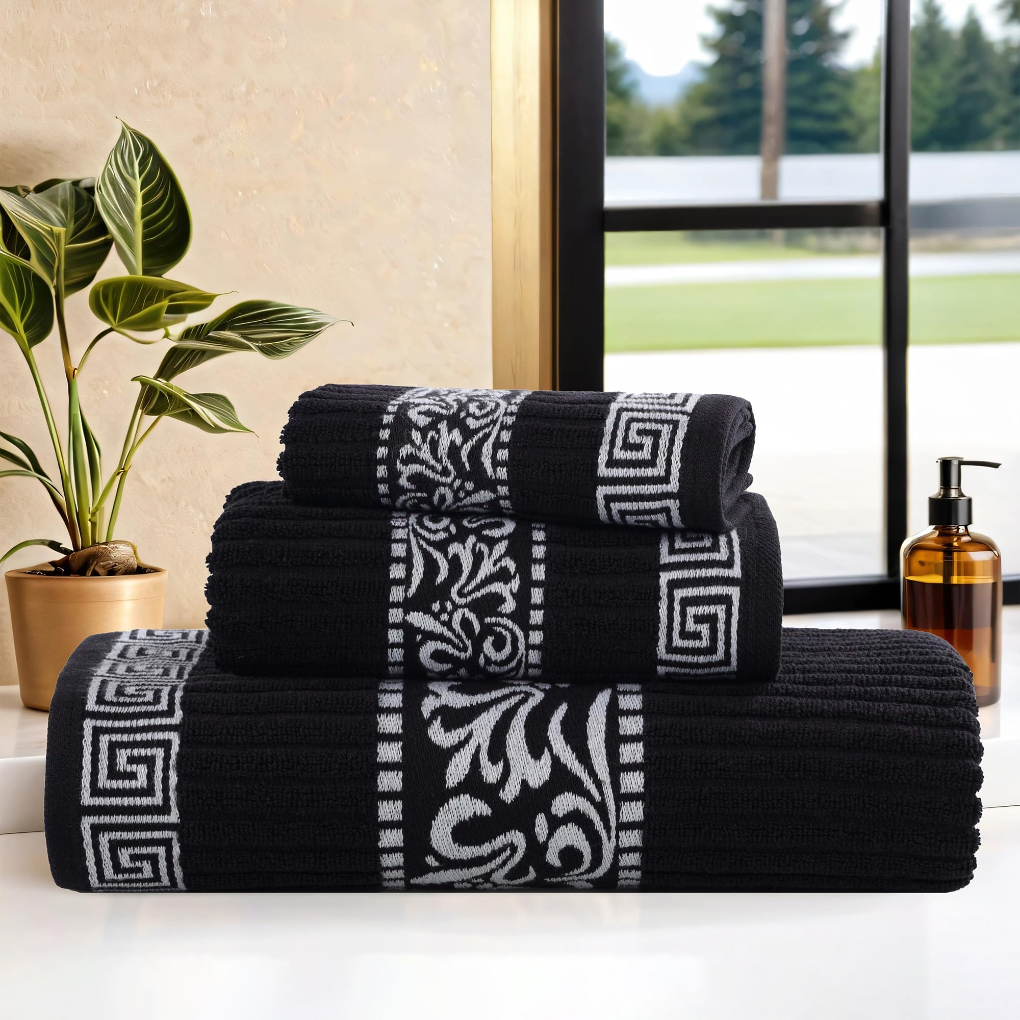 Superior 3-Piece Cotton Towel Set, Decorative Greek Pattern, Home Essentials, Absorbent Towels, Bathroom Decor, Spa, Resort, Includes 1 Hand, 1 Face