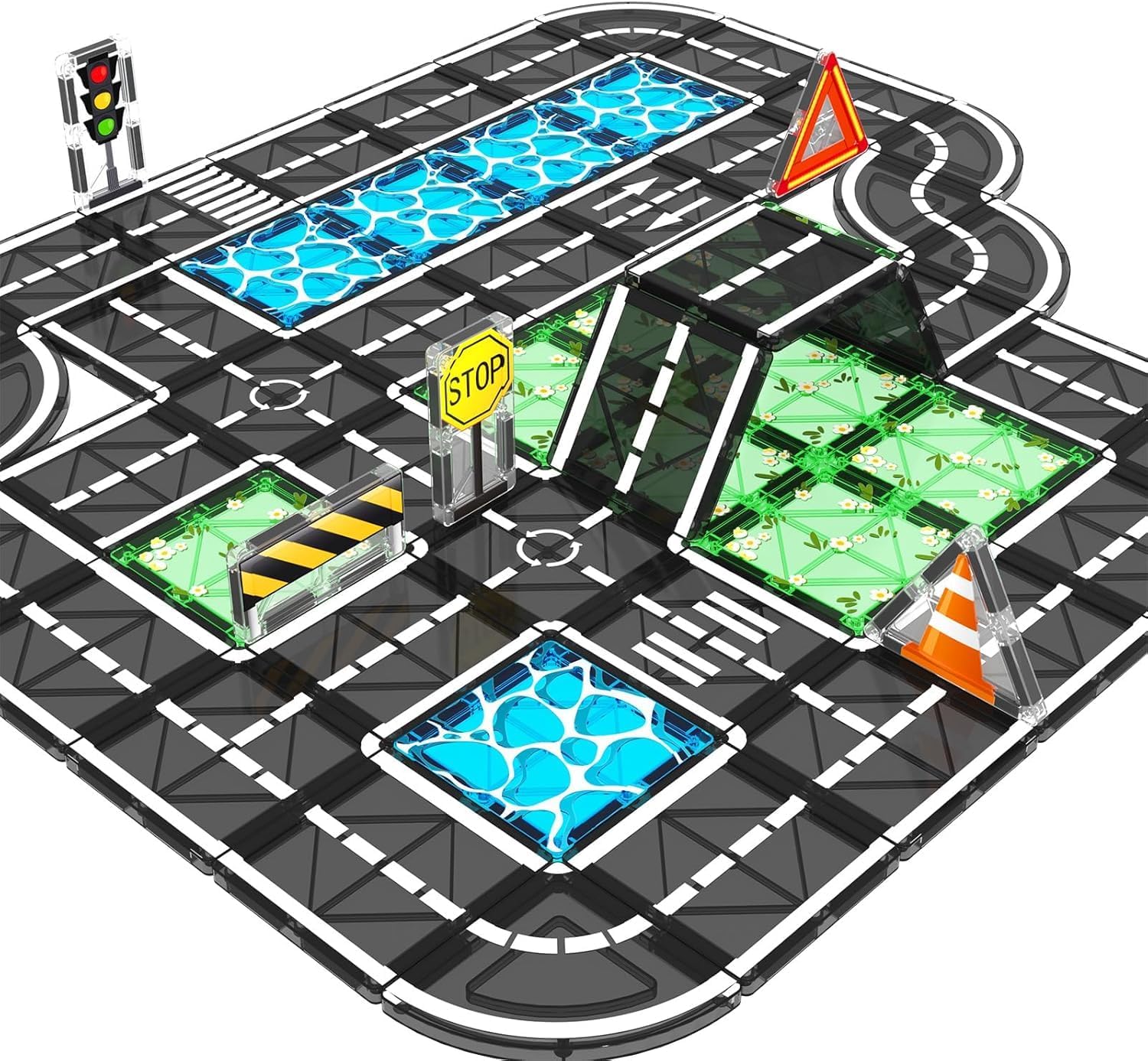 Magnetic Tiles Roads Construction Toys, Traffic Themed Building Blocks Set, Toddler Kids Toys for 3+ Year Old Boys Girls, Montessori STEM Sensory Games, Preschool Learning Educational Birthday Gifts