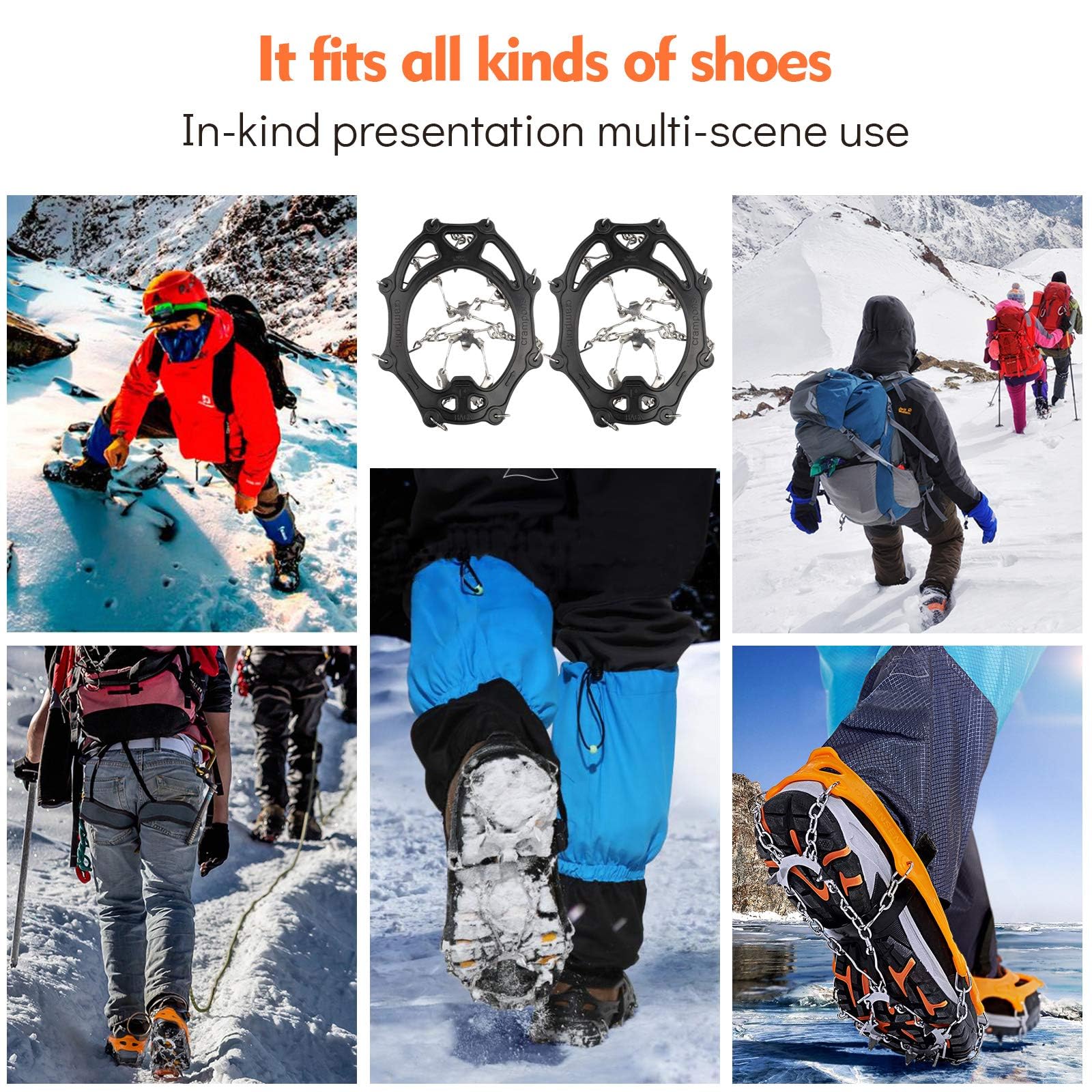 Sfee Ramponi da neve per ghiaccio, tacchetti di trazione, 19 punte in acciaio inox, per donne, uomini, bambini, antiscivolo, flessibili, per scarpe/stivali, per passeggiate, arrampicata, escursionismo