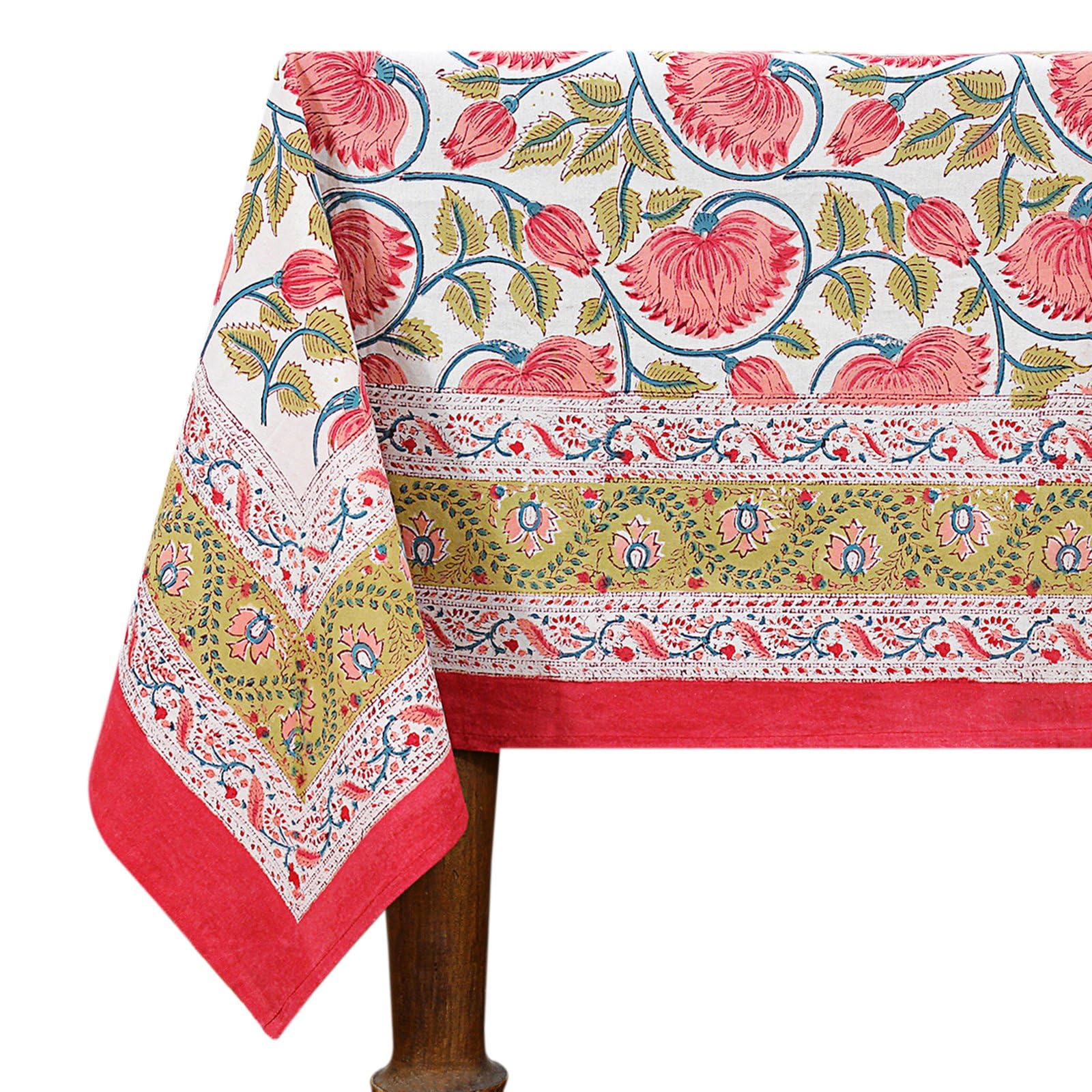 72x118 Inches Rectangle Hand Block Printed Cotton Tablecloth, Red Yellow Floral Table Cloths Washable, Indian Table Linen For Valentine Thanksgiving Gifts Home Decor Dinning Outdoor