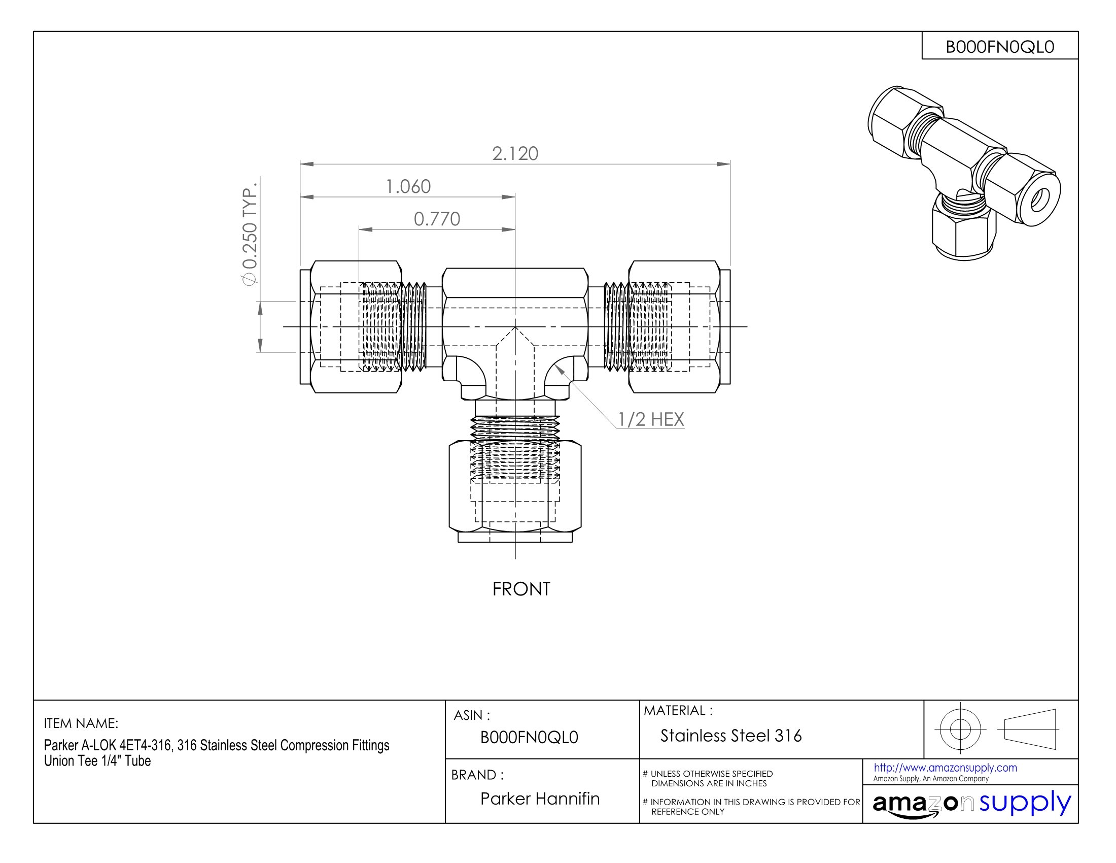 Parker A-LOK 4ET4-316, 316 Stainless Steel Compression