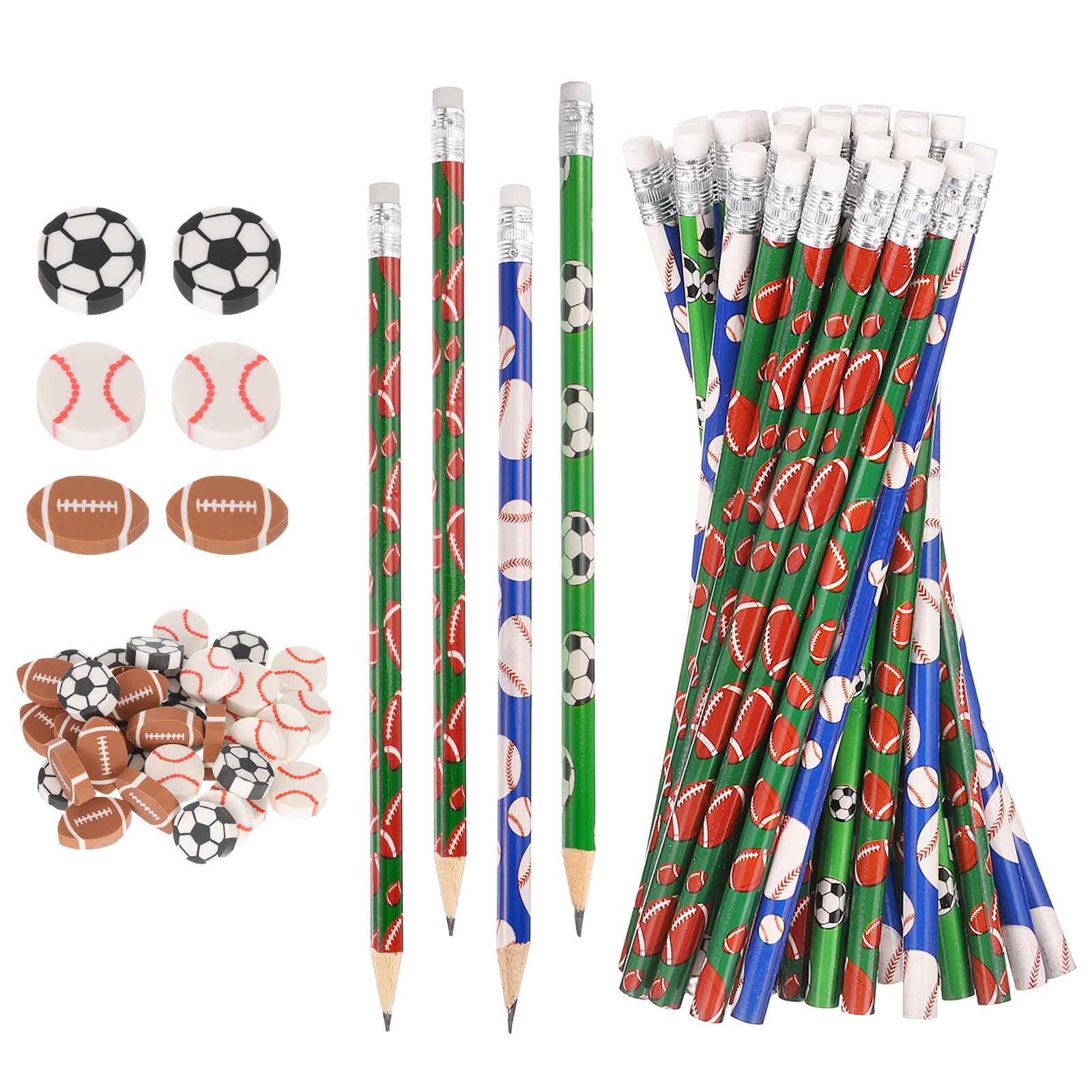 PATIKIL Sports Pencils with Eraser, 36 Pcs Fun Cute Wooden Pencils 36 Pcs Sport Ball Erasers Football/Rugby/Baseball Theme for Party Favors Birthday Stationary Gifts Classroom Reward
