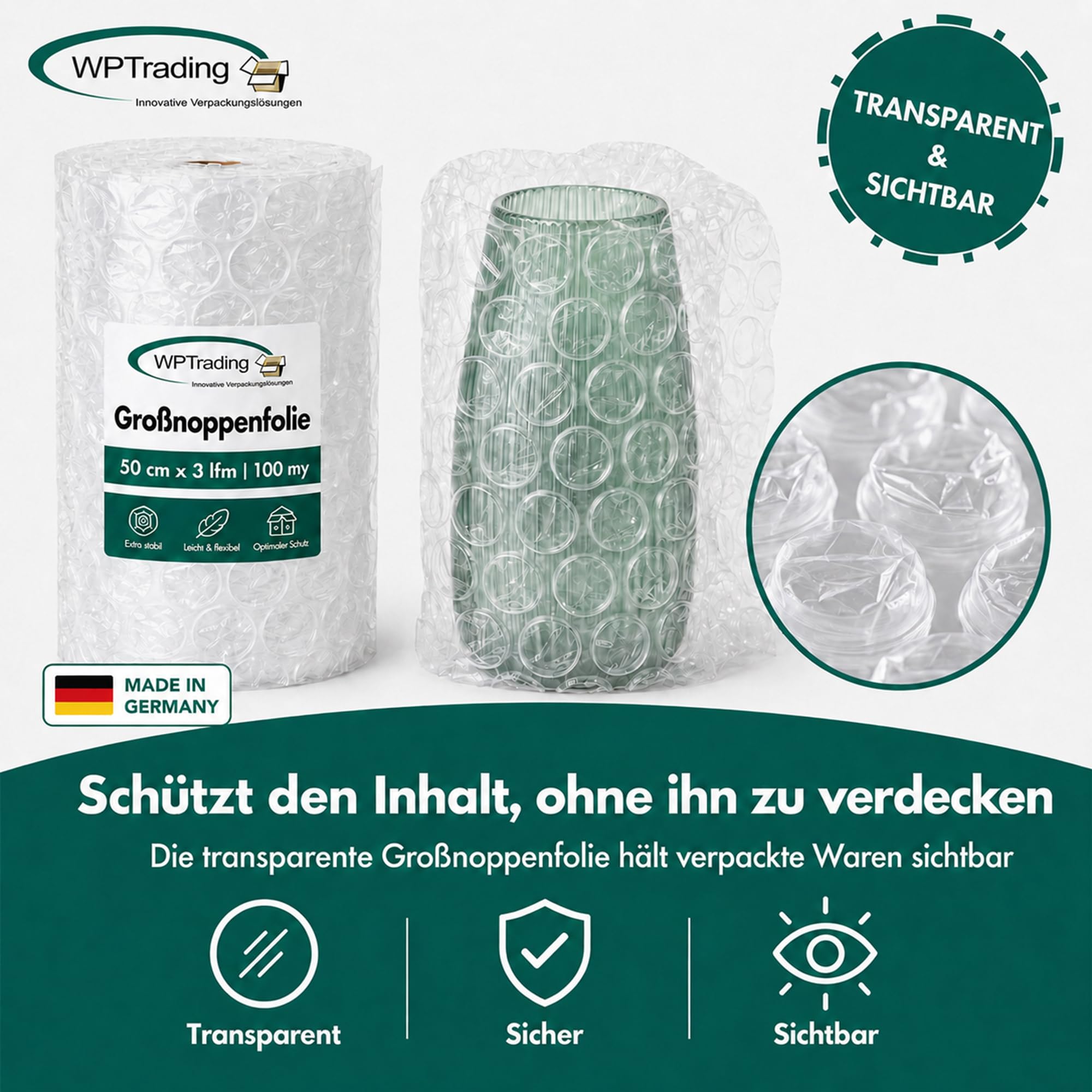 8 x Rolle Großnoppenfolie 50 cm x 3 m (2-lagige mit 100 my) - Noppenfolie 50cm breit mit Noppenhöhe 12 mm - Extra Stoßdämpfende Luftpolster- & Verpackungsfolie reißfest Versand & Umzug