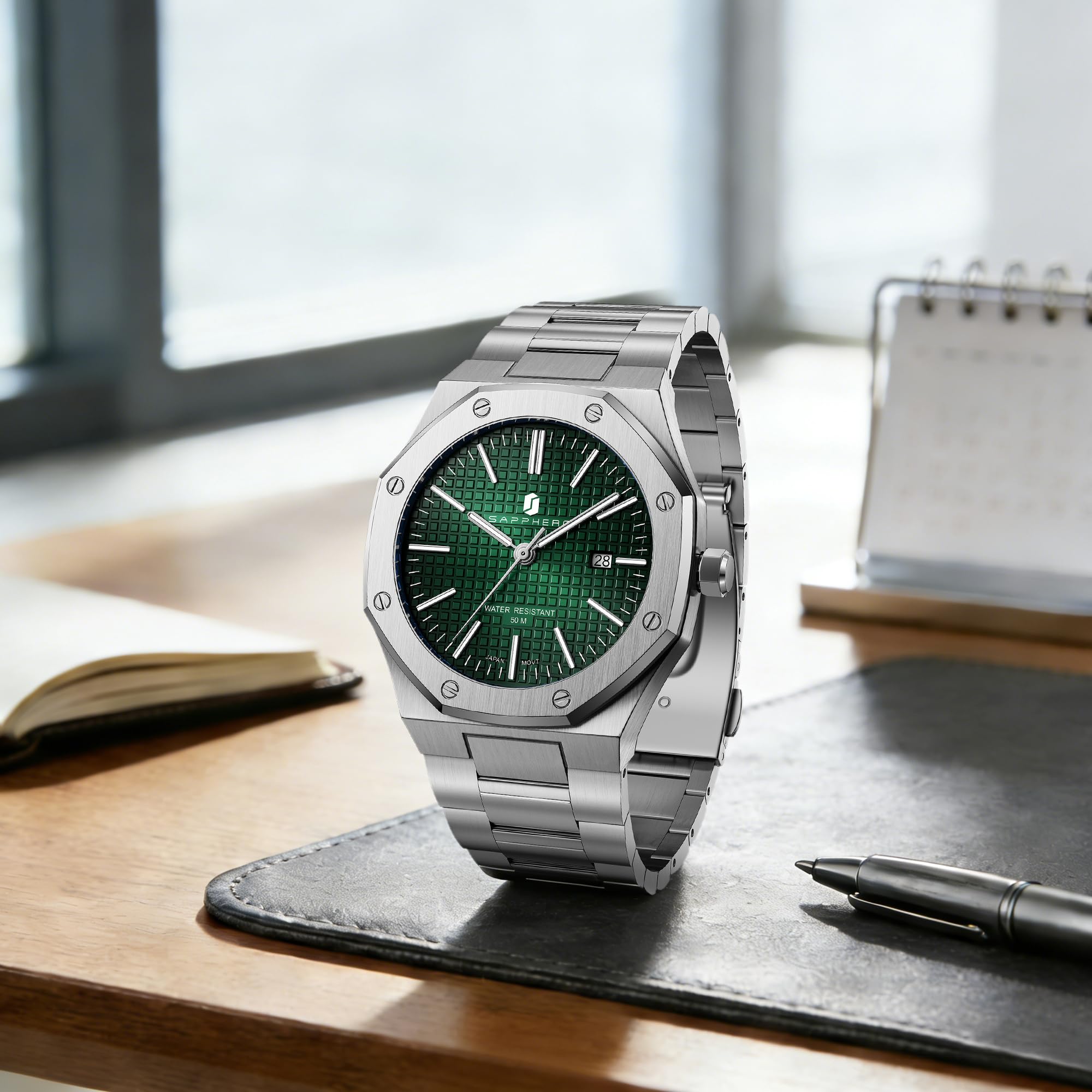 SAPPHERO Uhren Herren Quarzwerk Silber Edelstahl Armband 50M Wasserdicht Datum Kalender Schwarz Blau Herrenuhren Armbanduhr Geschenke für Männer