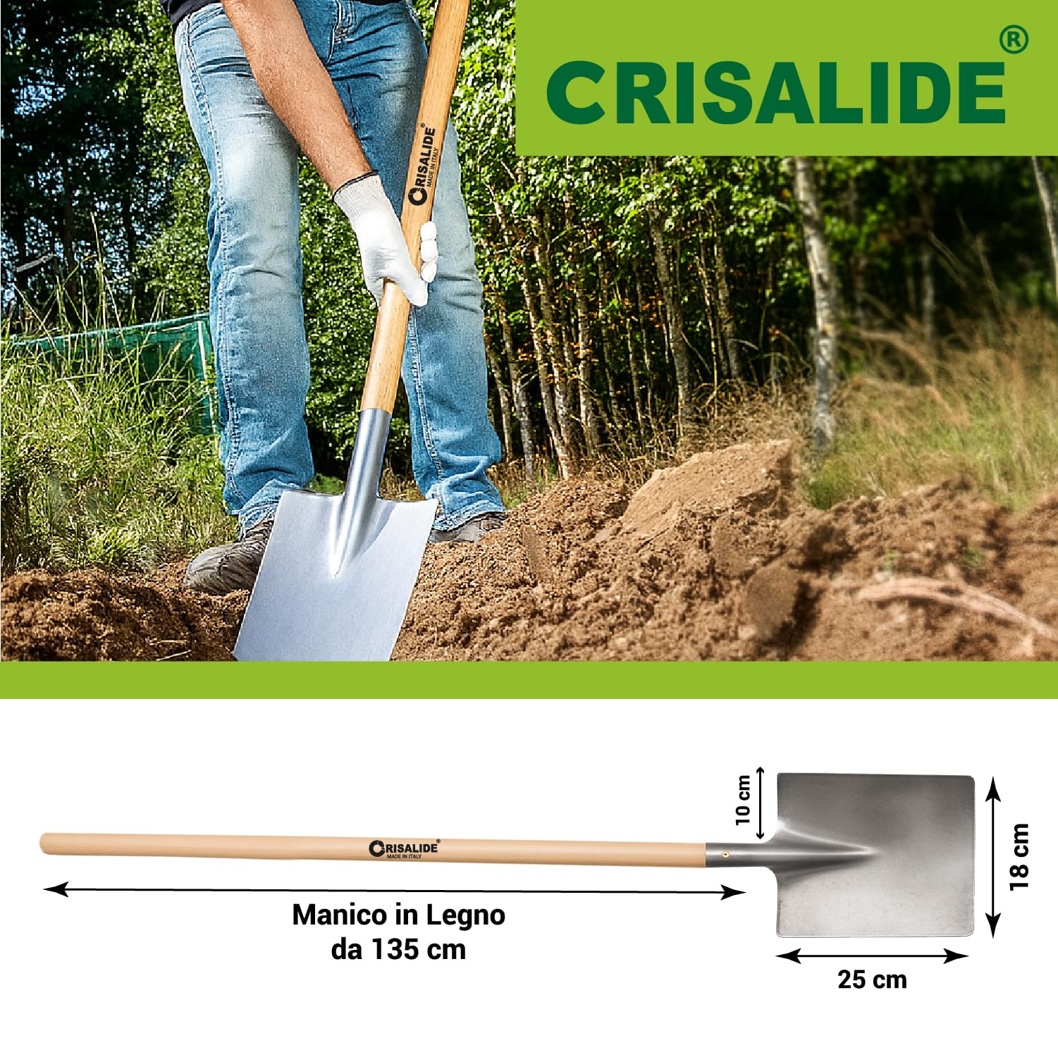 Crisalide® Vanga da Giardino in Acciaio – Manico in Legno di Faggio da 135 cm – Lama Rettangolare per Scavo, Trapianto e Lavori su Tutti i Terreni – Robusta, Professionale e Affilata