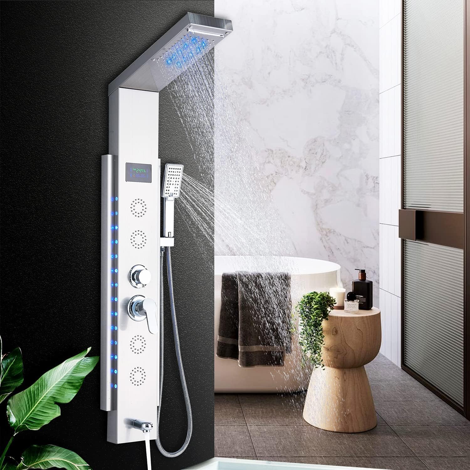 Pannello Doccia Idromassaggio per Vasca con 5 In 1 Funzioni LED Colonna Doccia Set in 304 Acciaio Inox Con Display LCD, Miscelatore Vasca Da Bagno, Soffione Doccia A Cascata Argento