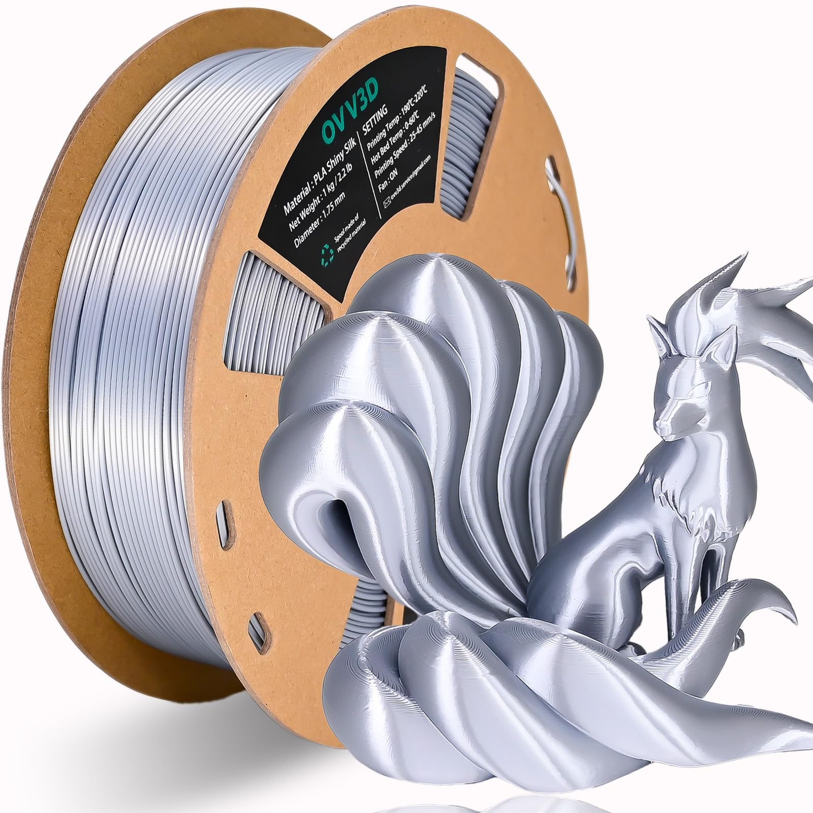 OVV3D Silk PLA Filament 1.75mm, Upgrade Silver PLA 3D Printer Filament, Silk Silver Metal 3D Printing Filament, 3D Filament 1.75 +/- 0.02mm, Silk 1.75 PLA Filament for 3D Printer