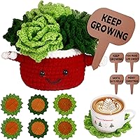 FOGWOWO 6pc Handmade Crochet Succulent Coasters - Plant Pot Design with Inspirational Cards, Table Mats & Gifts for Plant Lovers