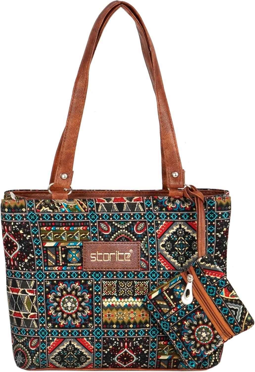Storite Women’s Embroidery Top-Handle Handbag with Matching Pouch, Stylish Multicolor Shoulder Bag, Traditional Ethnic Purse for Casual & Festive Use – Medium Size