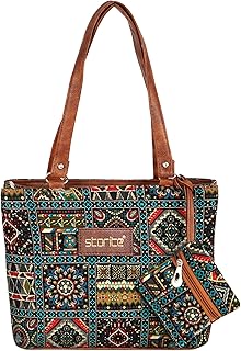 Women's Tote Bag With Leather Handles & Embroidery Printed Handbag With Zip Pockets, Shoulder Tote Bag And Handbag For Office And College (30x25x9.5Cm) Price in India