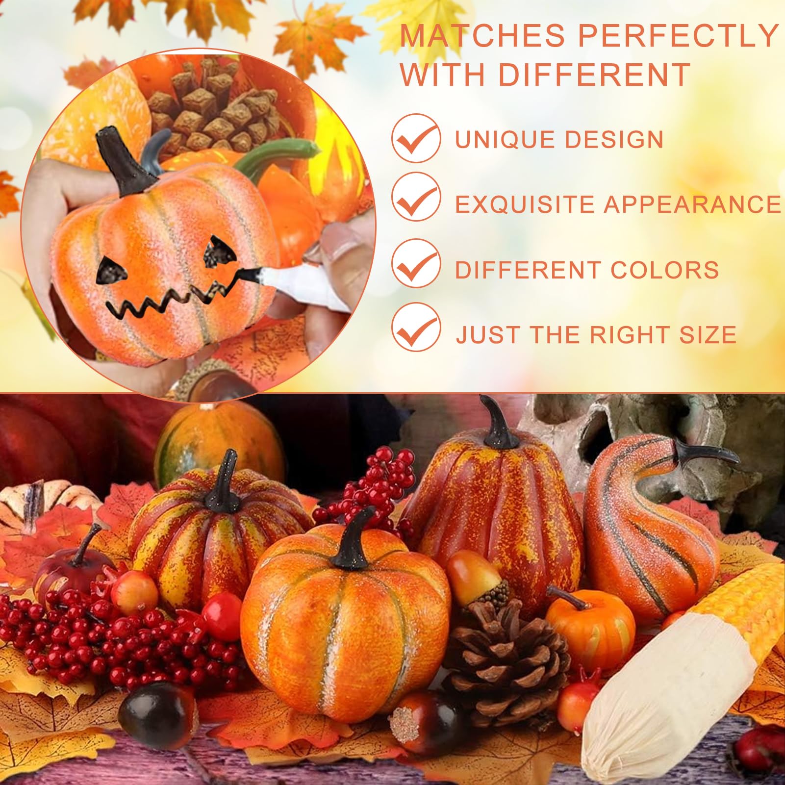 NHYDZSZ Citrouilles Artificielles Ensemble, Mini Fausses Citrouilles, Pommes Pin, Gland, Feuilles D'érable, Thème de Automne Decorations pour Thanksgiving, Décoration de la Maison