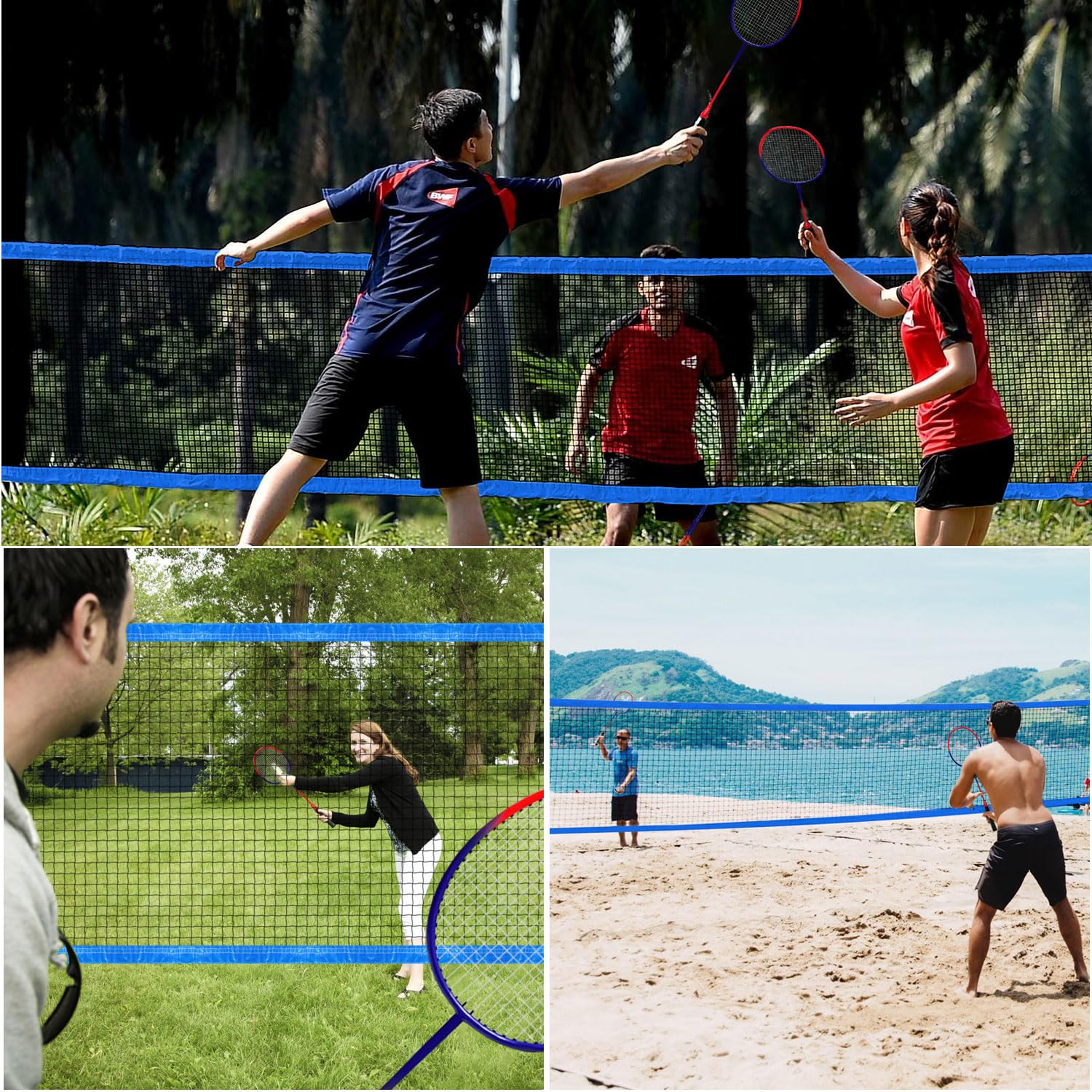 Zdgao Set da badminton per cortile con rete, rete da badminton portatile da esterno con sistema di verricello, 4 racchette da badmitton, 3 volani in nylon, linea di confine e borsa da trasporto