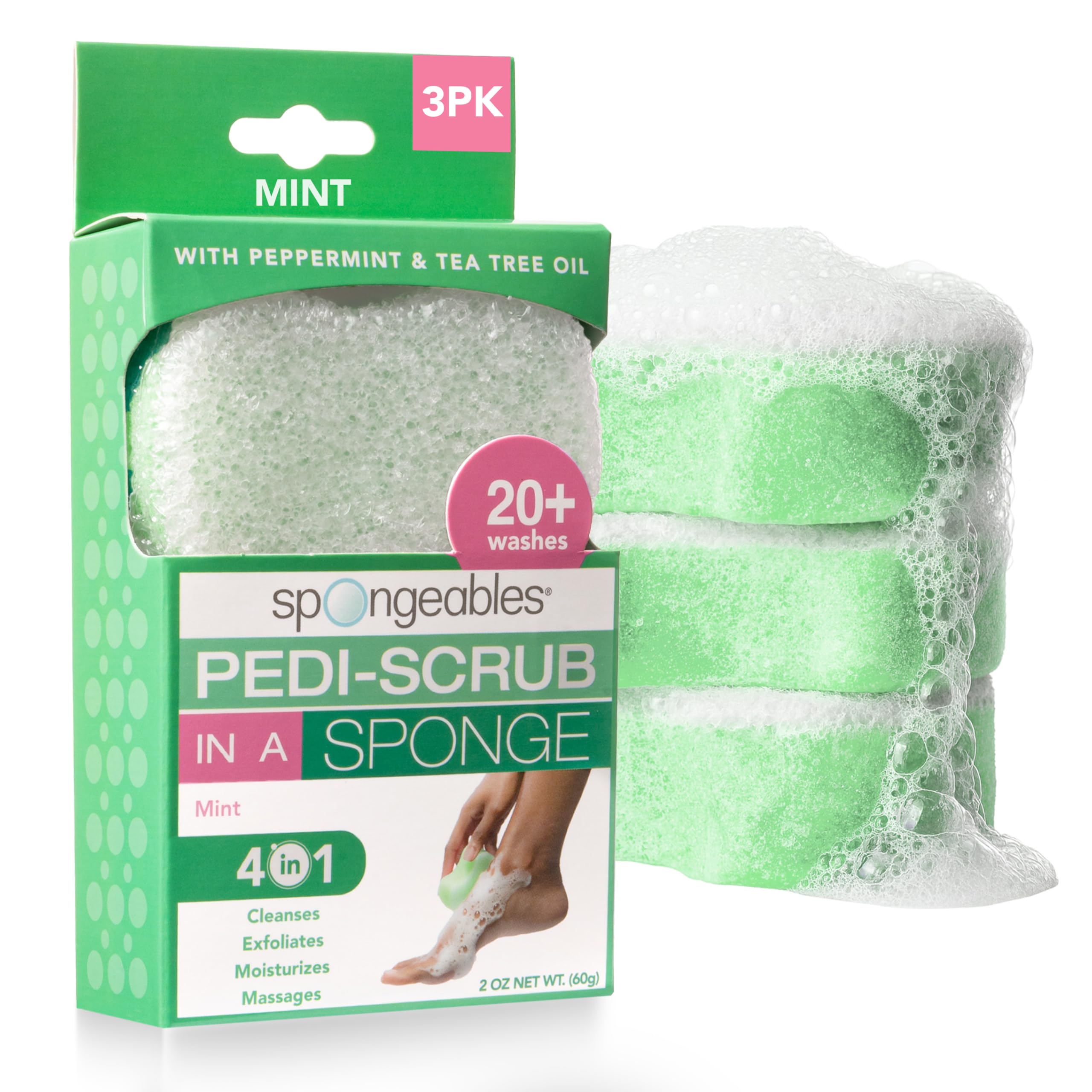 Pediscrub Foot Buffer -The Soap In The Sponge Contains Peppermint and Tea Tree Oil For Foot Exfoliating/20+ Washes With Mint Scent, 3 Count
