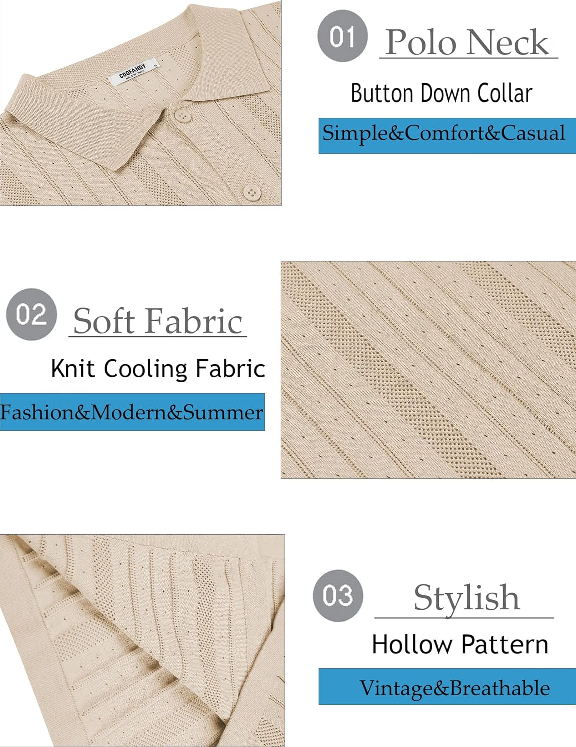 COOFANDY Mens Knit Button Down Shirts Crochet Polo Shirts Vintage Short Sleeve Textured Shirts Summer Beach Tops - Image 5