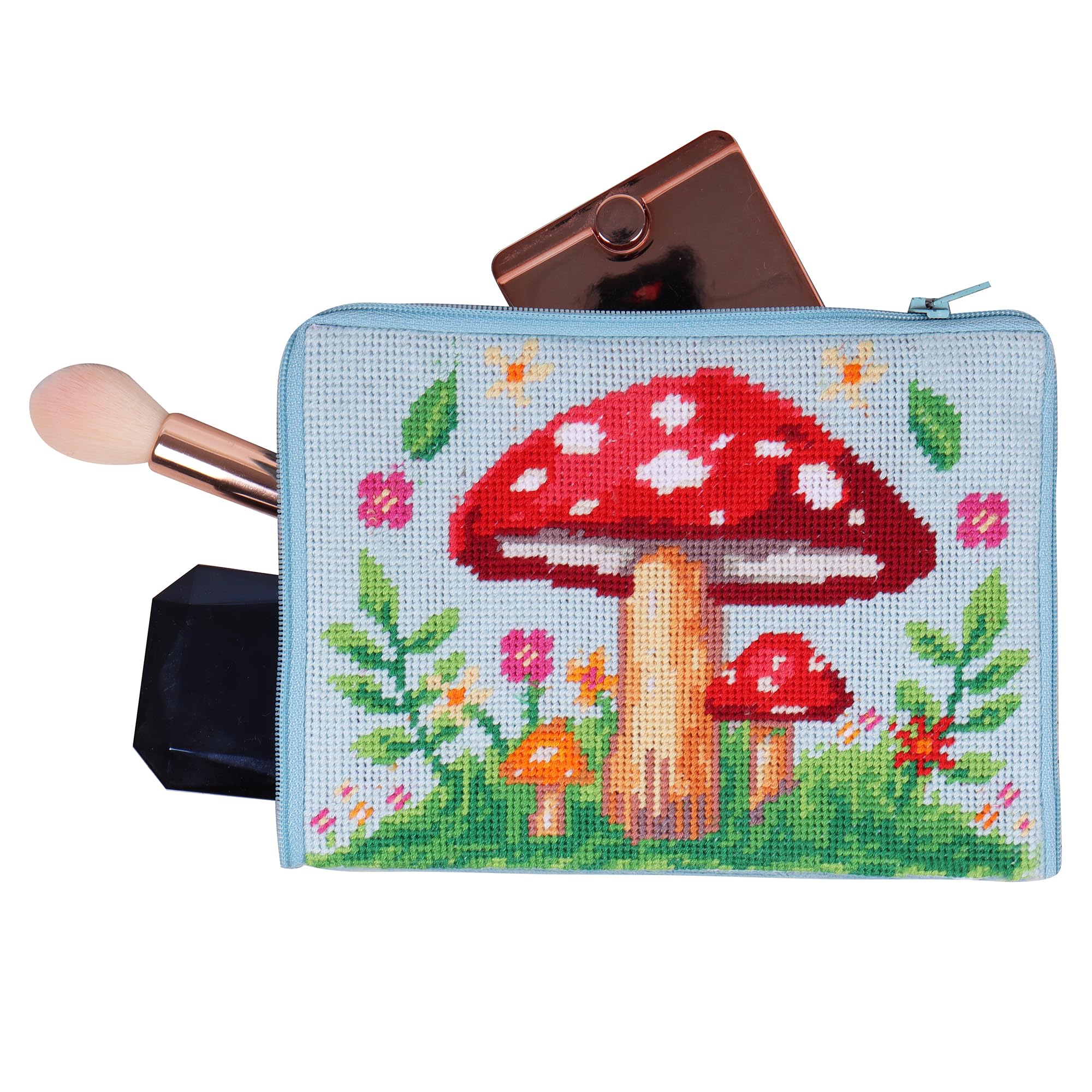 Trimits Half Stitch Tapestry Kit, Printed Canvas, Threads, Needle & Instructions, Make-Up Bag, Toadstool