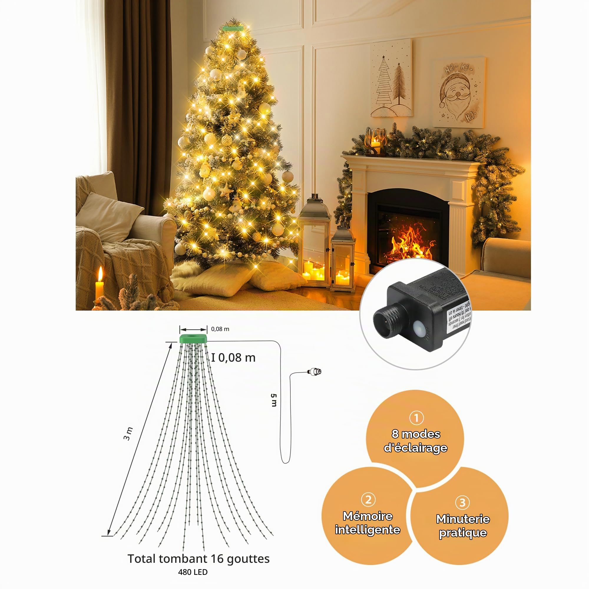 GYLEFY 3M *16 Branche Guirlande Lumineuse Sapin de NoëL, Blanc Chaud | Guirlande Lumineuse Extérieure en PVC, avec 8 Modes d'Éclairage et une Minuterie, Idéale pour Décorer le Sapin de Noël