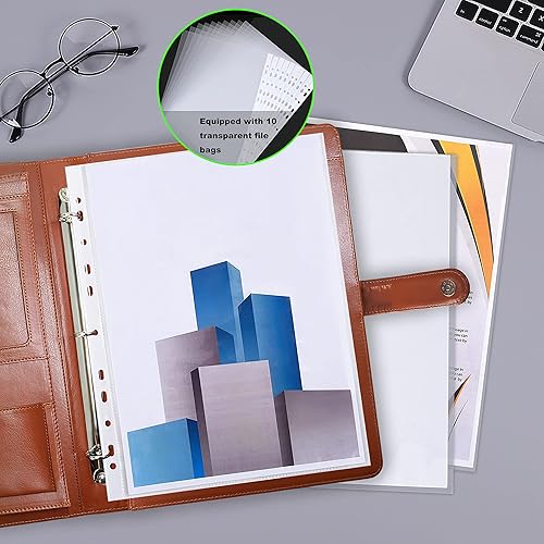 Miniatura 6 de Carpeta de cuero (3 anillos) – Padfolio marrón con bloc de escritura tamaño carta, 10 fundas para archivos, tarjetas y soporte para bolígrafos,