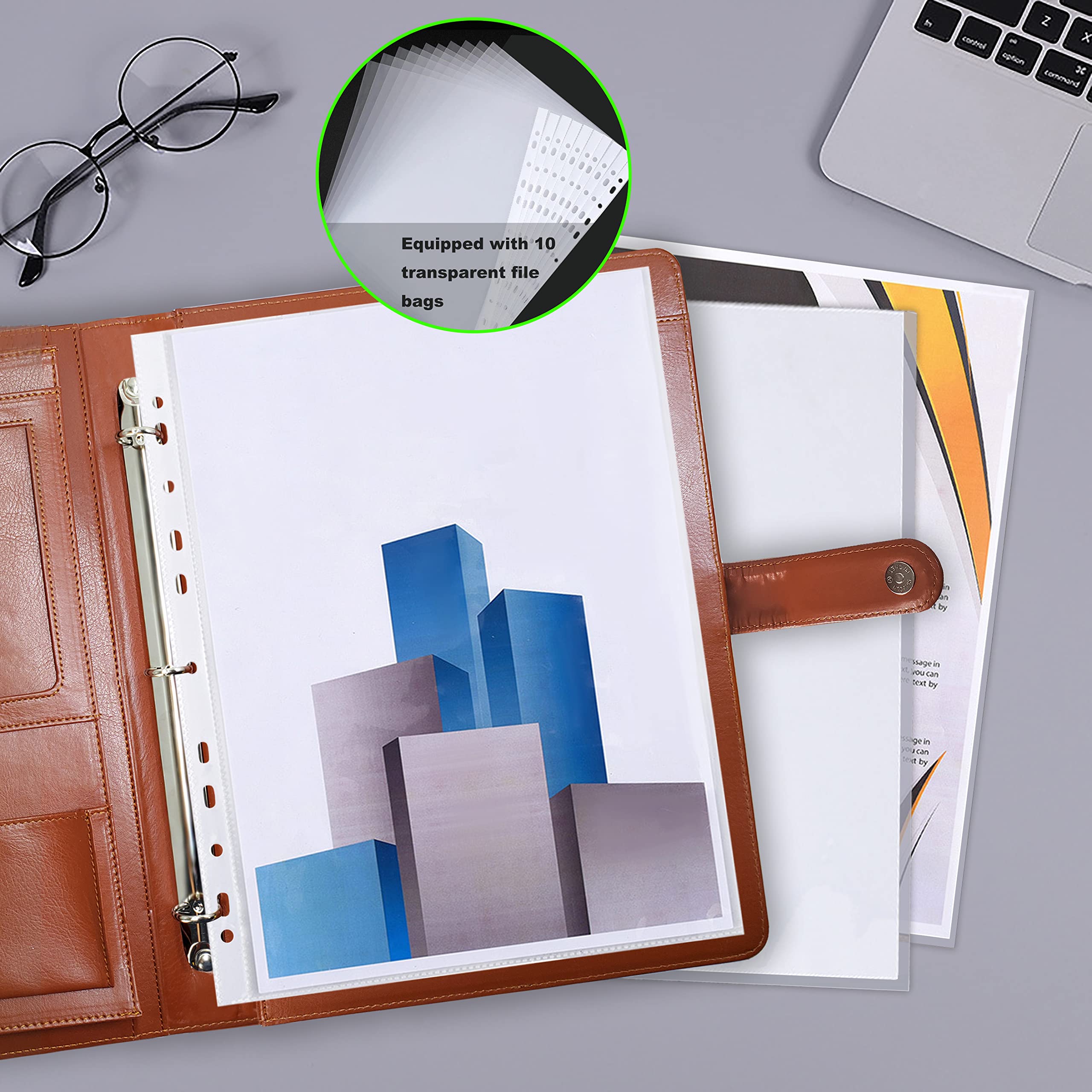 Portedocuments (3 anneaux) en cuir marron avec blocnotes au format lettre, 10 pochettes de fichiers, portecartes, portestylo, organiseur pour carnet de notes, organiseur pour entretien,