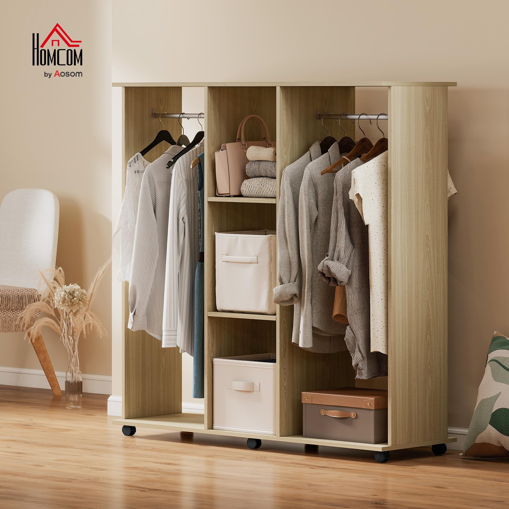 HOMCOM Armoire Penderie Mobile 6 roulettes 120x40x128cm Bois Naturel
