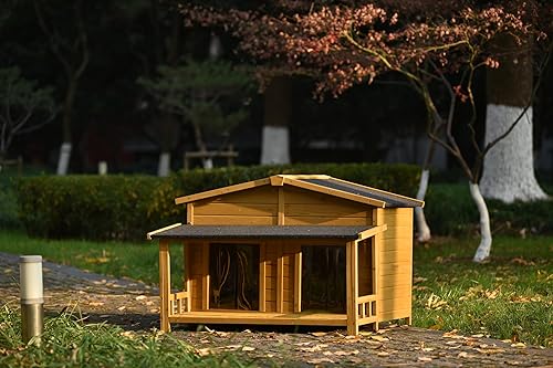 Miniatura 3 de GLANZEND Casa grande de madera para perros de 47.2 pulgadas, jaula para perros al aire libre e interior, estilo cabaña, con porche, 2 puertas,